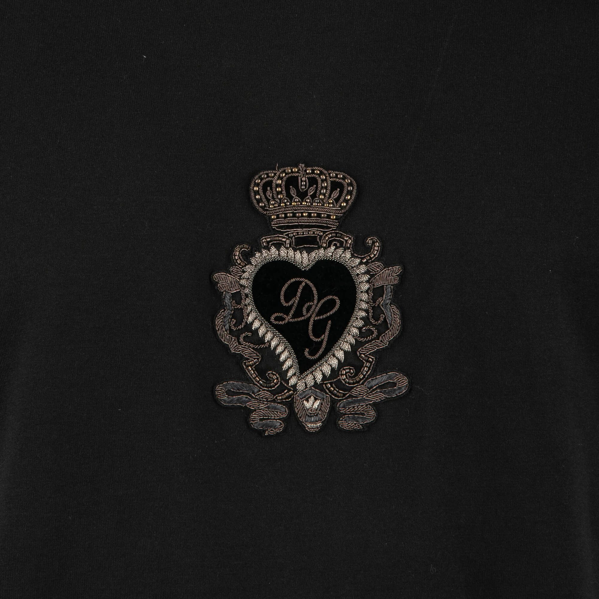 Cotton T-Shirt with DG Logo Baroque Goldwork Heart Embroidered Pearl Crown Patch in black by DOLCE & GABBANA
