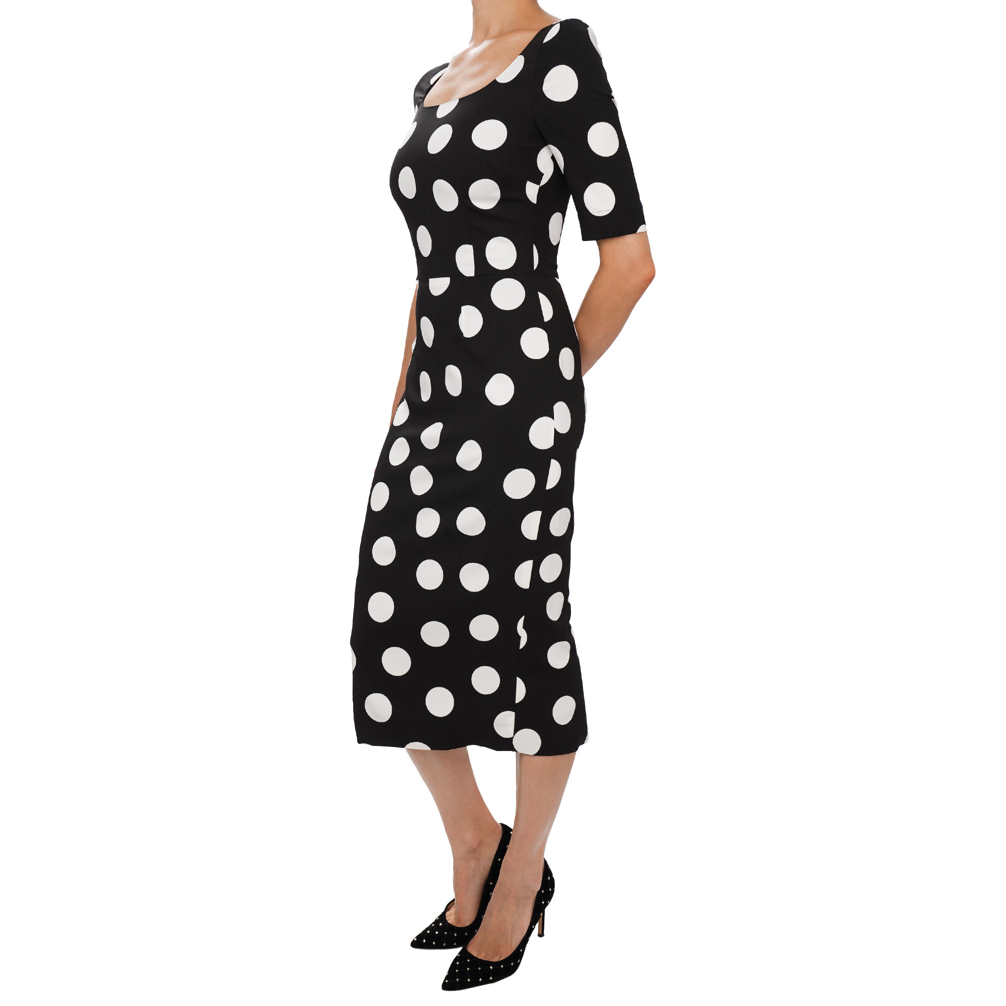 Charmeuse Sheath macro Polka Dot pattern dress in white and black by DOLCE & GABBANA