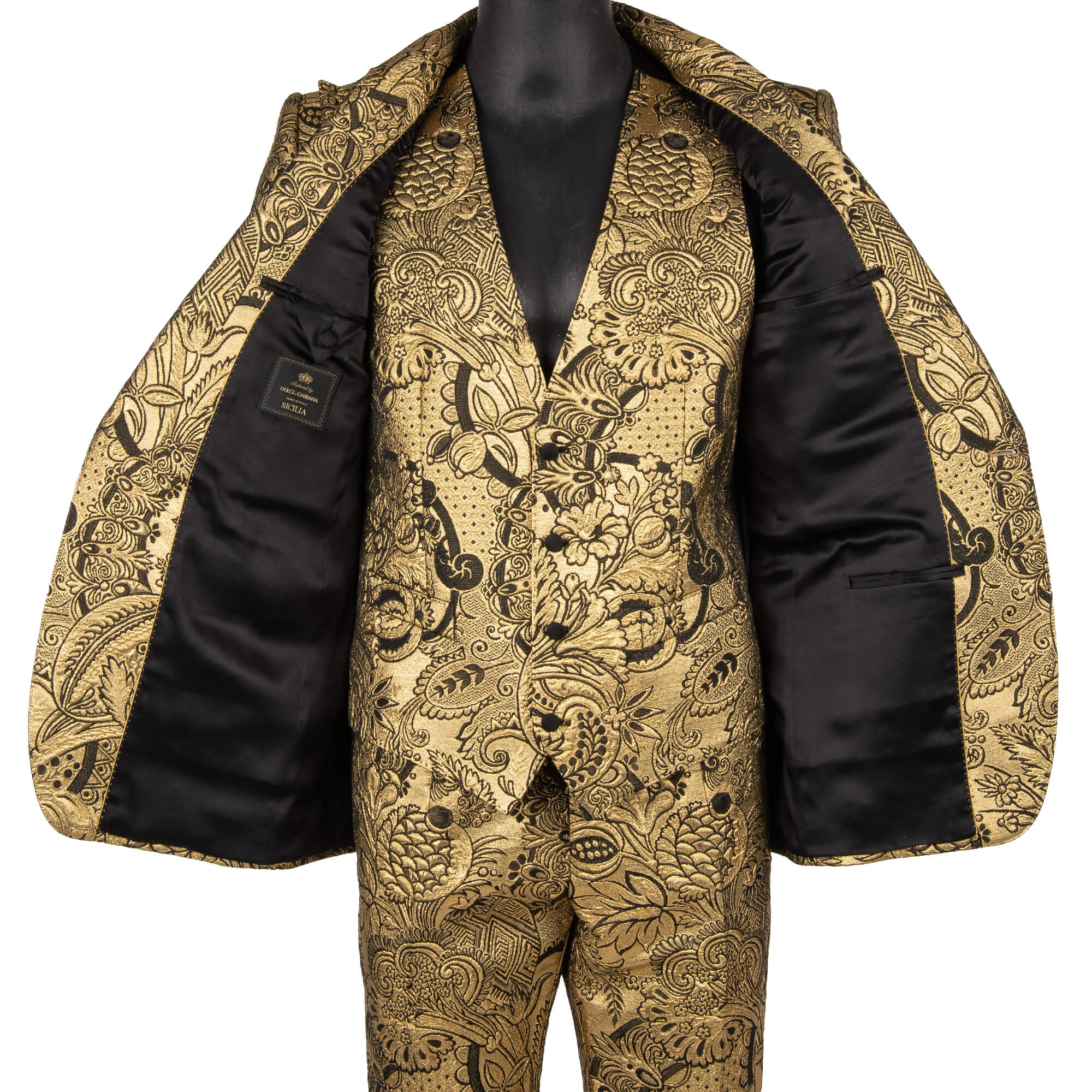 Flower Jacquard 3 piece suit with peak lapel in gold and black by DOLCE & GABBANA 