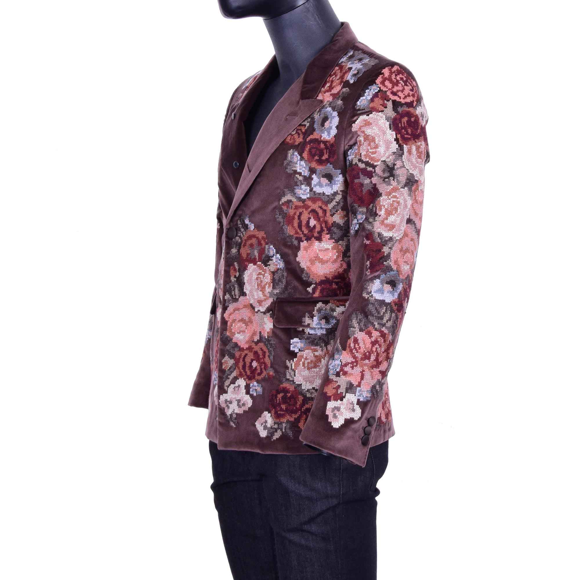 Blazer aus Samt im Barock-Stil mit Blumen Hand Stickerei in Braun von DOLCE & GABBANA Black Label