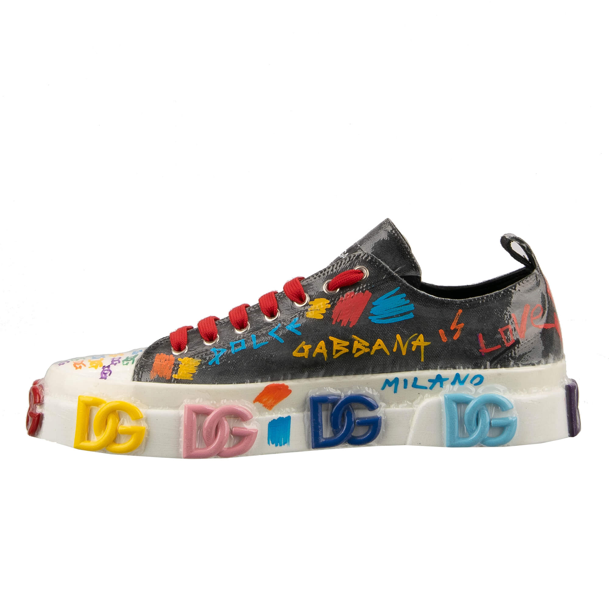 Graffiti Herren Low Top Stoff und Leder Sneaker PORTOFINO mit DG Gold Logo und Plastik Folie Design in Grau und Weiß von DOLCE & GABBANA