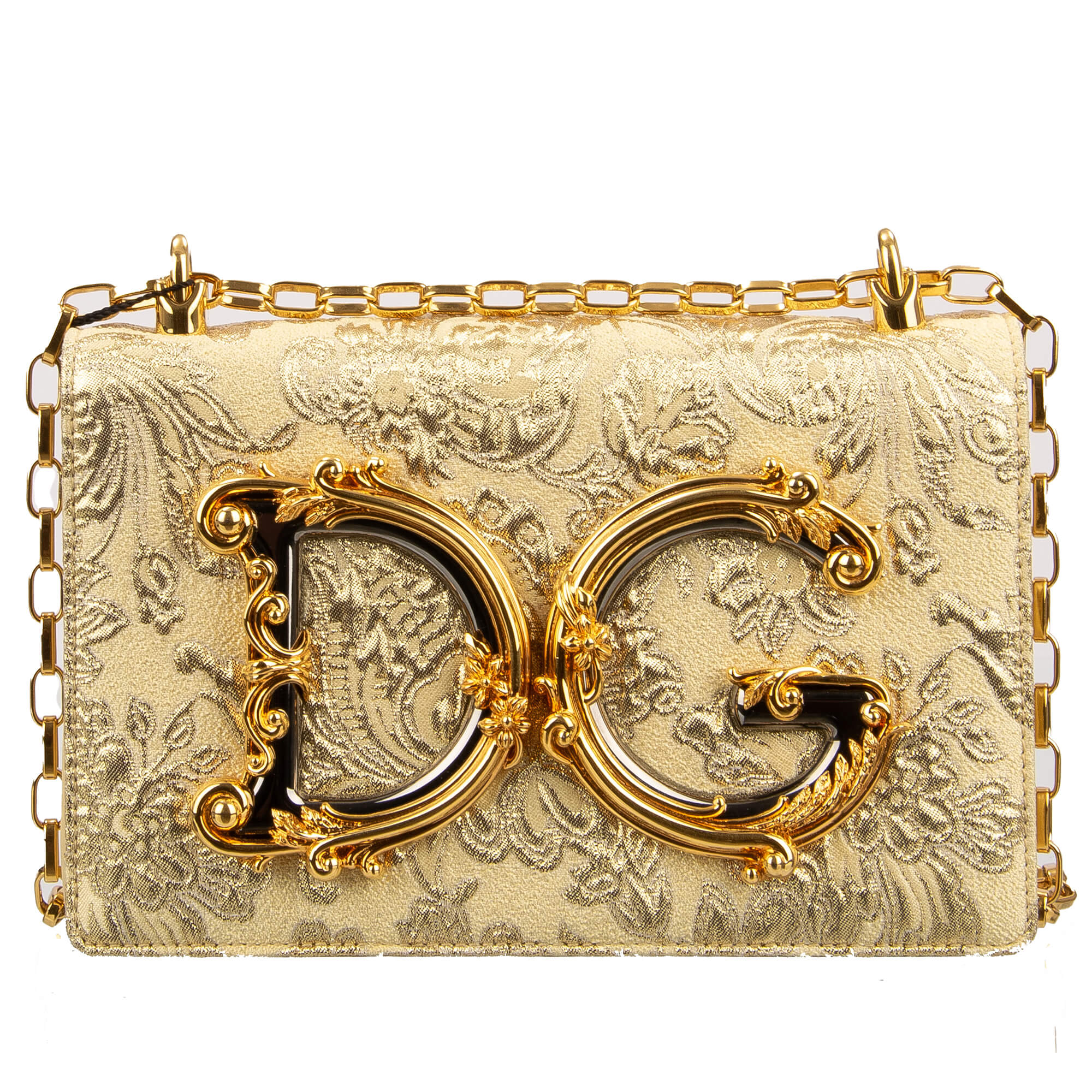 Clutch / Crossbody Bag DG GIRLS Medium made of gold brocade and nappa leather with a large enameled baroque style DG Logo and vintage chain strap by DOLCE & GABBANA