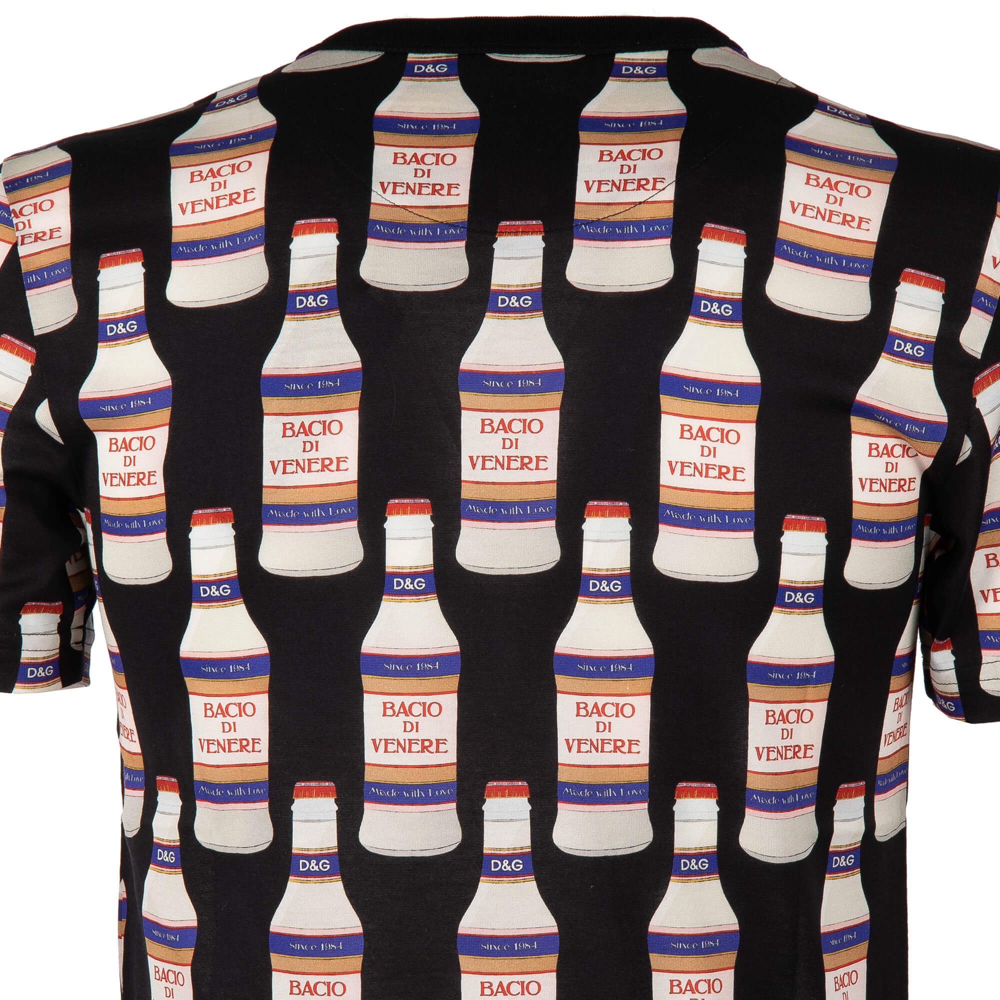 Cotton T-Shirt with Bacio Di Venere Bottles print and logo sticker by DOLCE & GABBANA