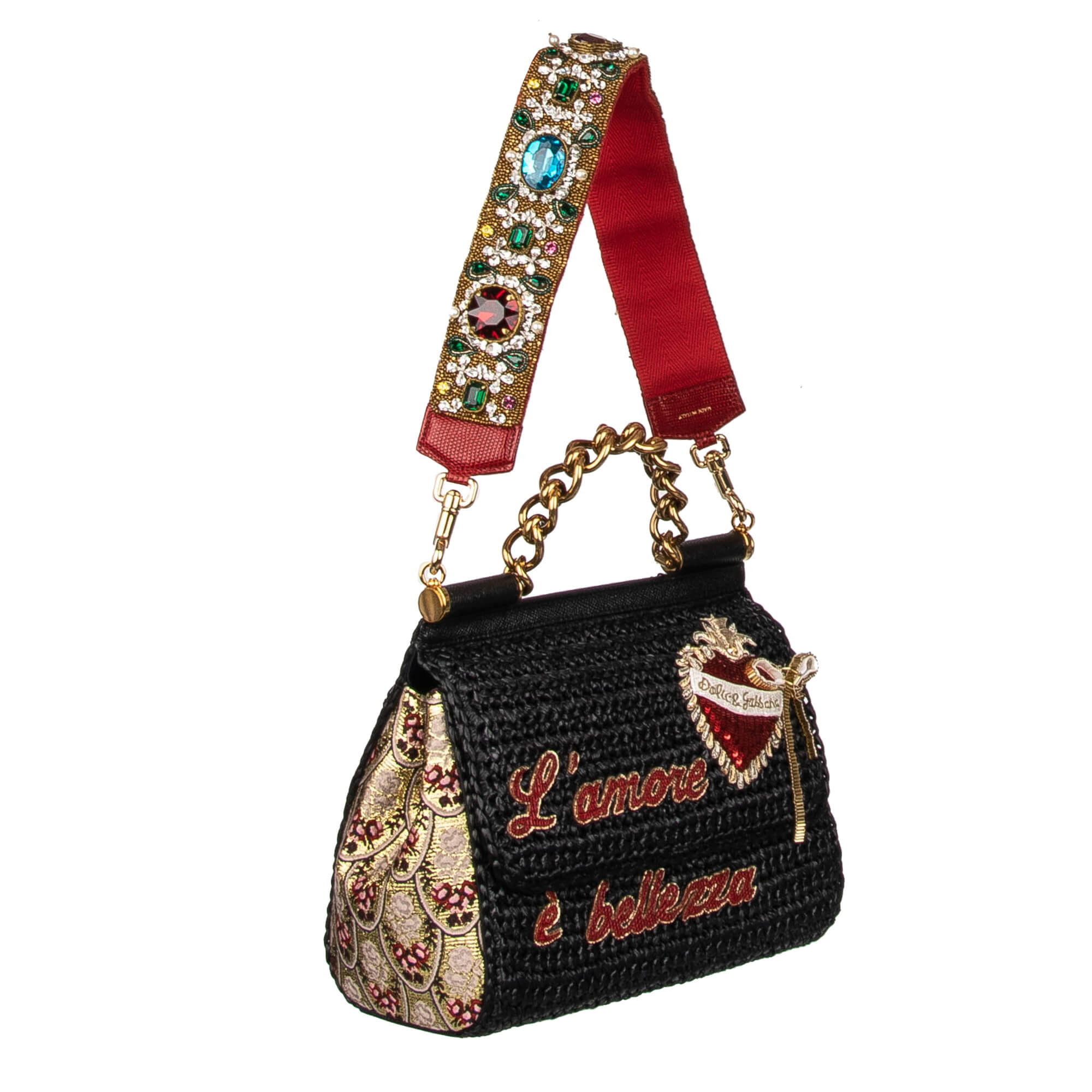 Schulterriemen für Tasche aus Baumwolle und Raffia in Rot und Gold verziert mit Perlen und Kristallen Handstickerei von DOLCE & GABBANA