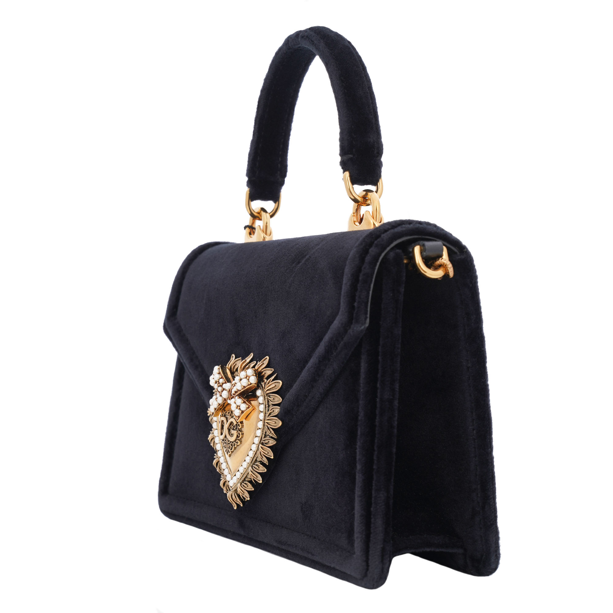 Top Handle / Crossbody Bag DEVOTION Small made of velvet with a jeweled heart buckle with DG Logo and detachable metal chain strap by DOLCE & GABBANA