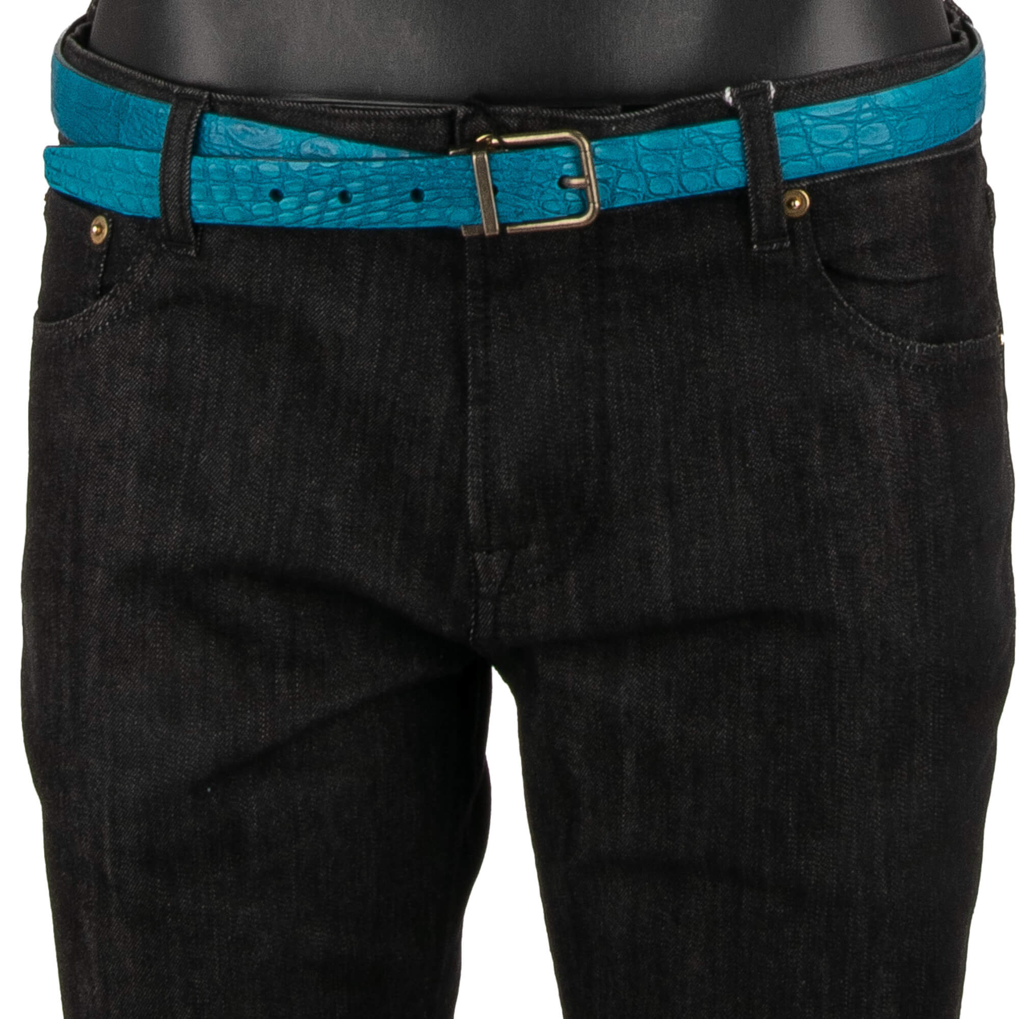 Gürtel aus Kaiman Leder mit Metall Rollschnalle in Antik Gold und Türkis Blau von DOLCE & GABBANA