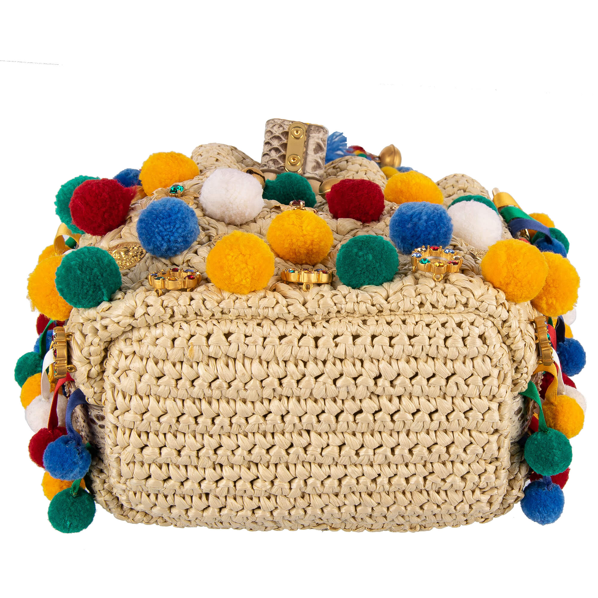 Beutel Hobo Tasche / Schultertasche CLAUDIA im Sizilianischem Stil aus Stroh und Schlangenleder mit Bommeln, Sing Song Glocken und Kristallen von DOLCE & GABBANA
