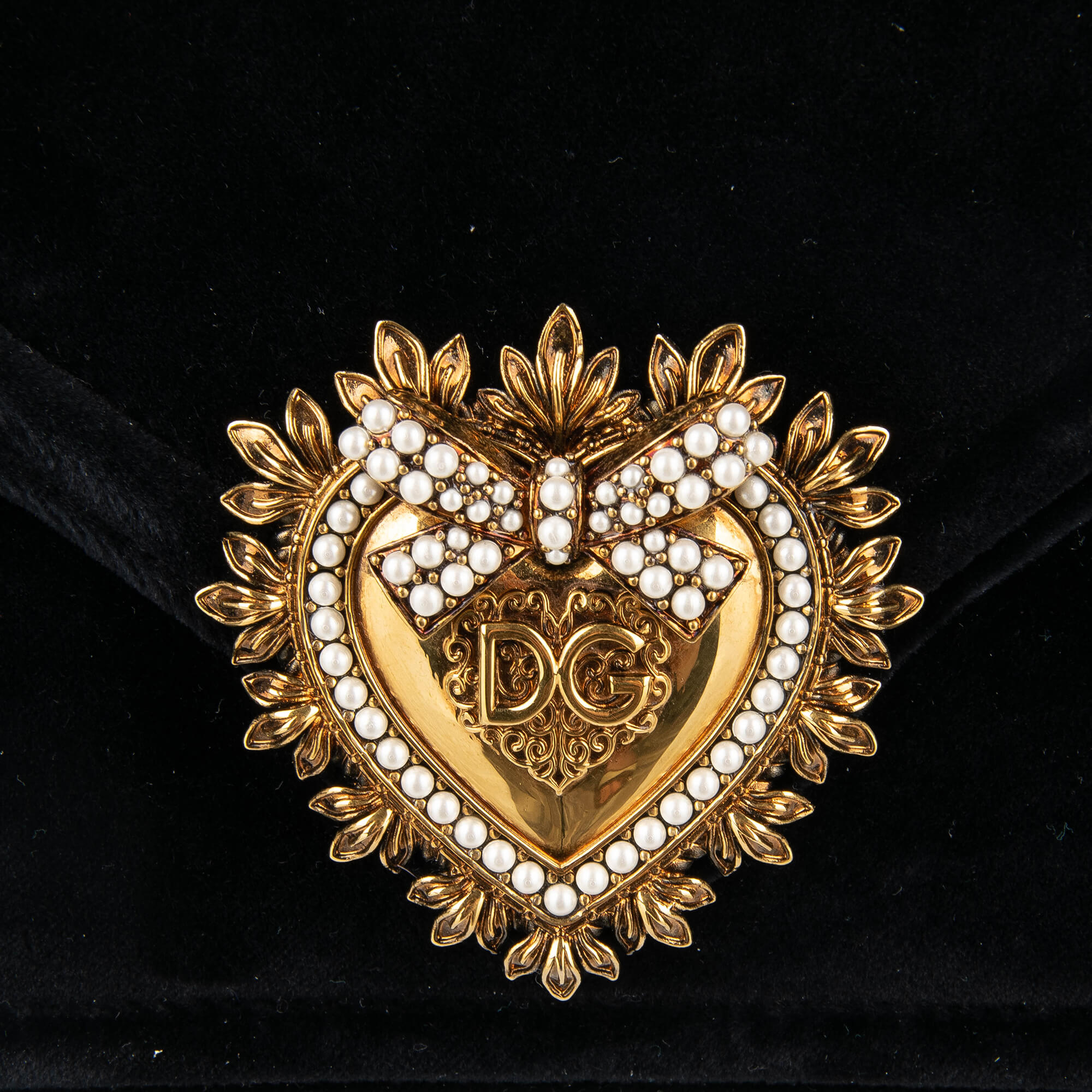 Top Handle / Crossbody Velvet Bag DEVOTION with a jeweled heart buckle with DG Logo and detachable metal chain strap by DOLCE & GABBANA