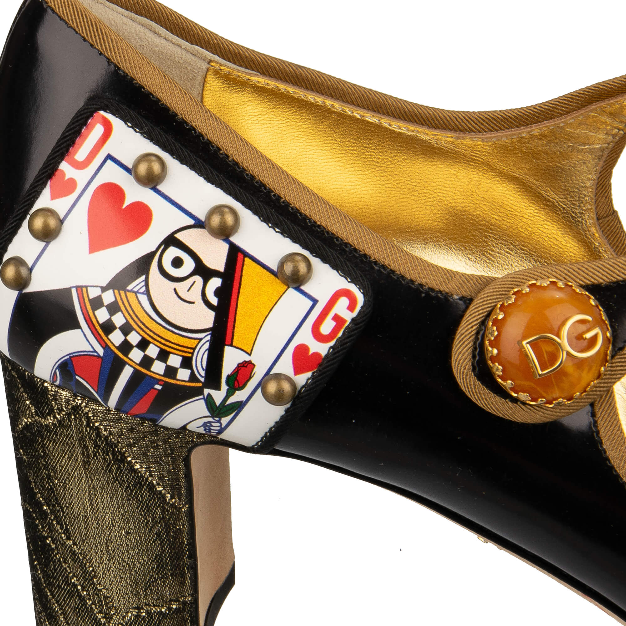 Leder Mary Jane Pumps mit I AM IN LOVE Brosche, Jacquard Absatz und Kristallen Blume von DOLCE & GABBANA