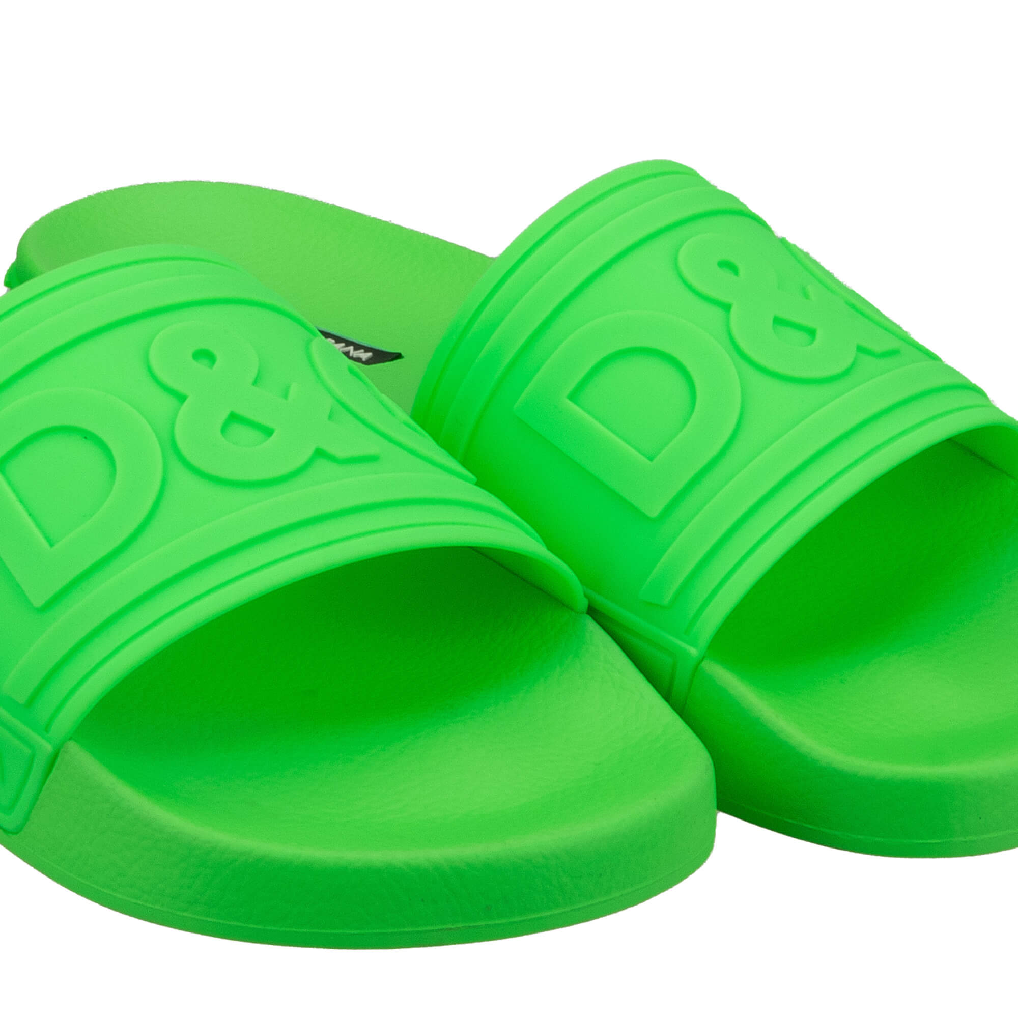 Slides Sandals with a D&G Front Logo and large Logo insert at the sole in neon green by DOLCE & GABBANA 
