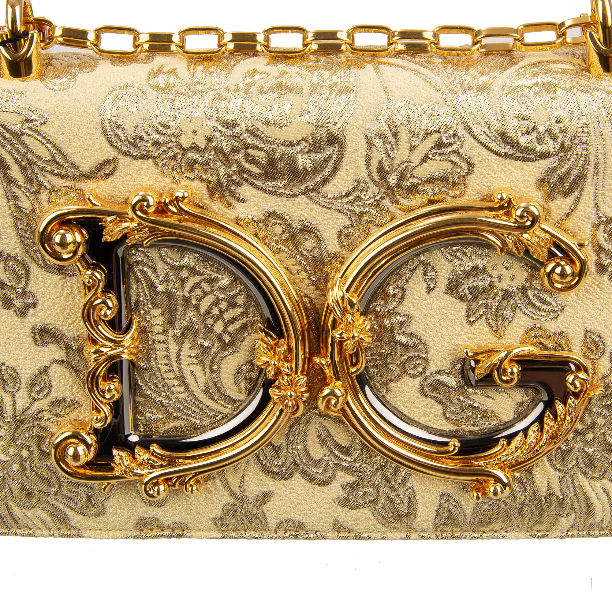Clutch / Crossbody Bag DG GIRLS Medium made of gold brocade and nappa leather with a large enameled baroque style DG Logo and vintage chain strap by DOLCE & GABBANA