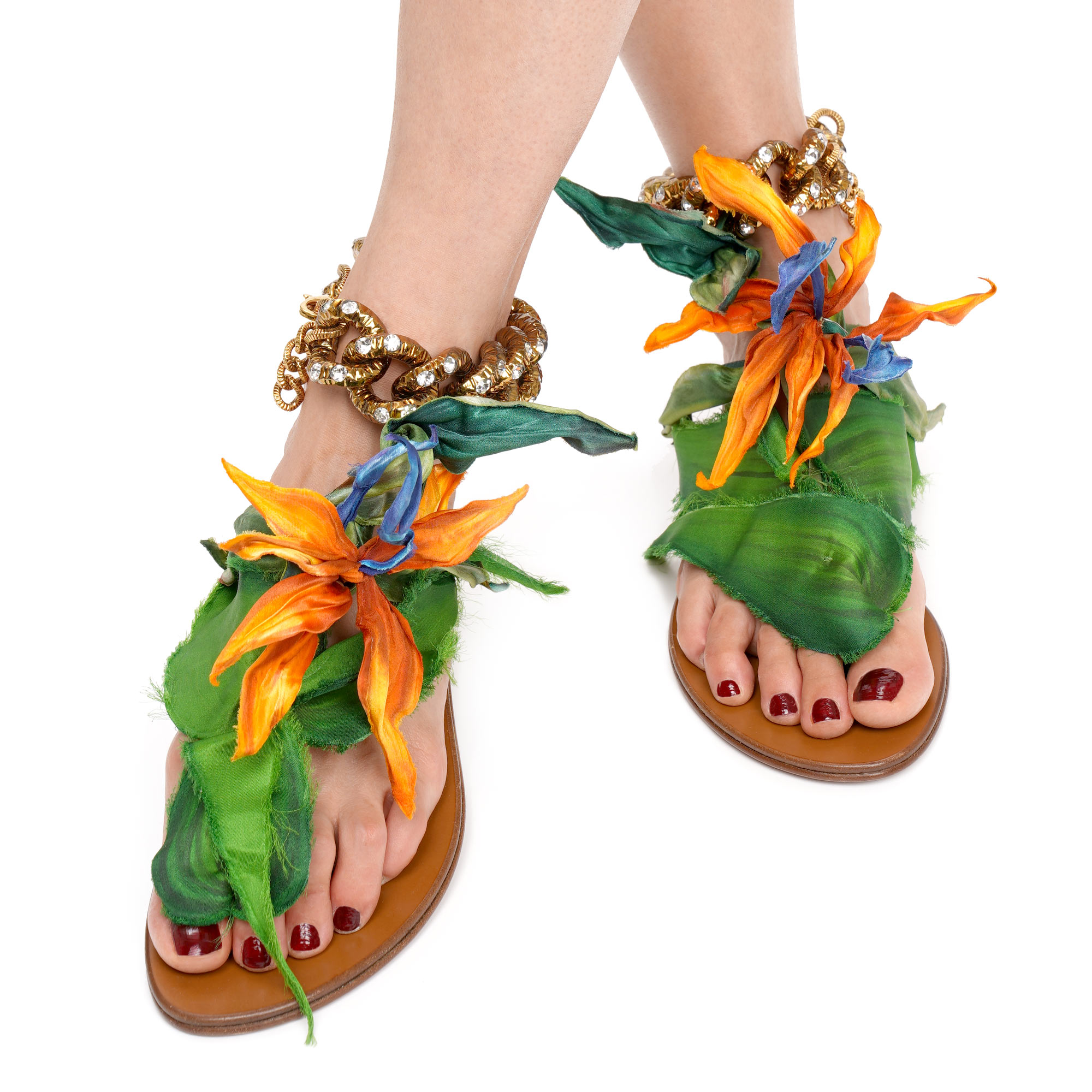 Crystal Chain Flower Leather Sandals BIANCA Gold Green 41 US 11