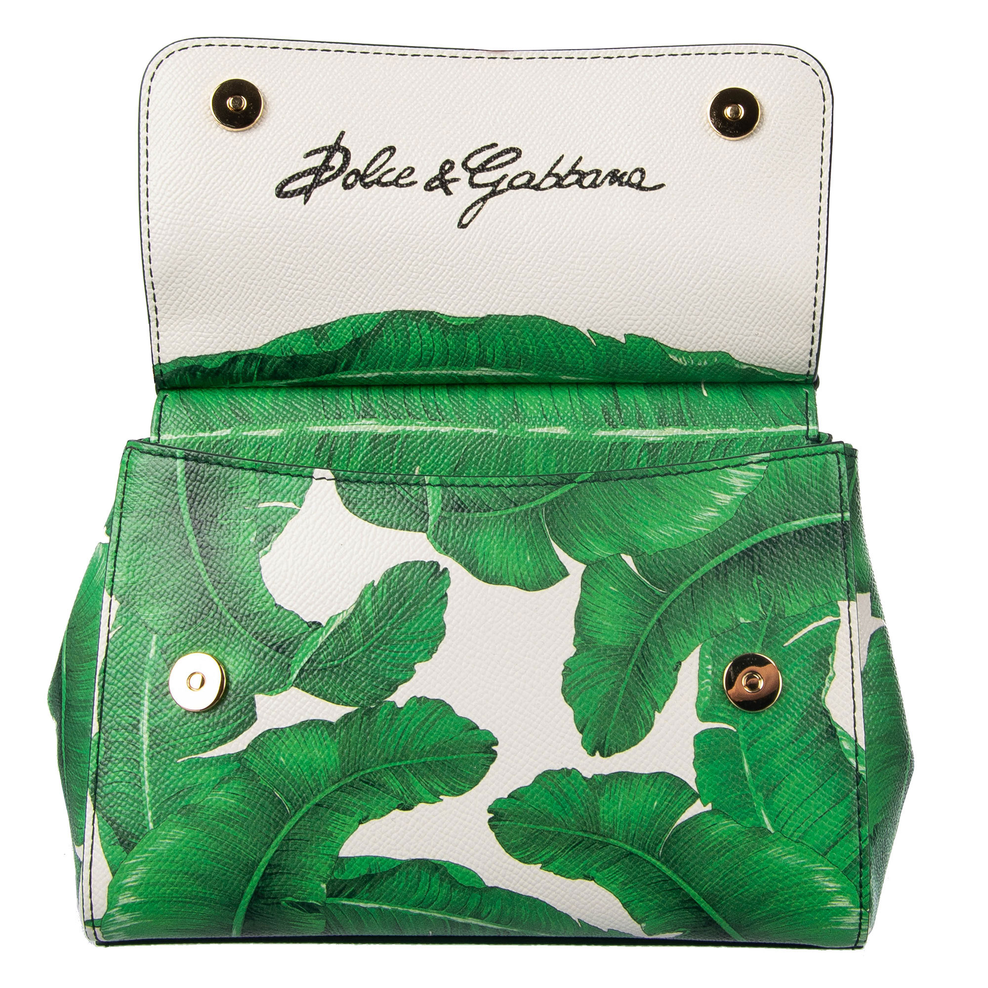 Hand- / Schultertasche SICILY Mini aus Dauphine Leder mit Bananenblätter / Palmen Print und Logo Schild von DOLCE & GABBANA