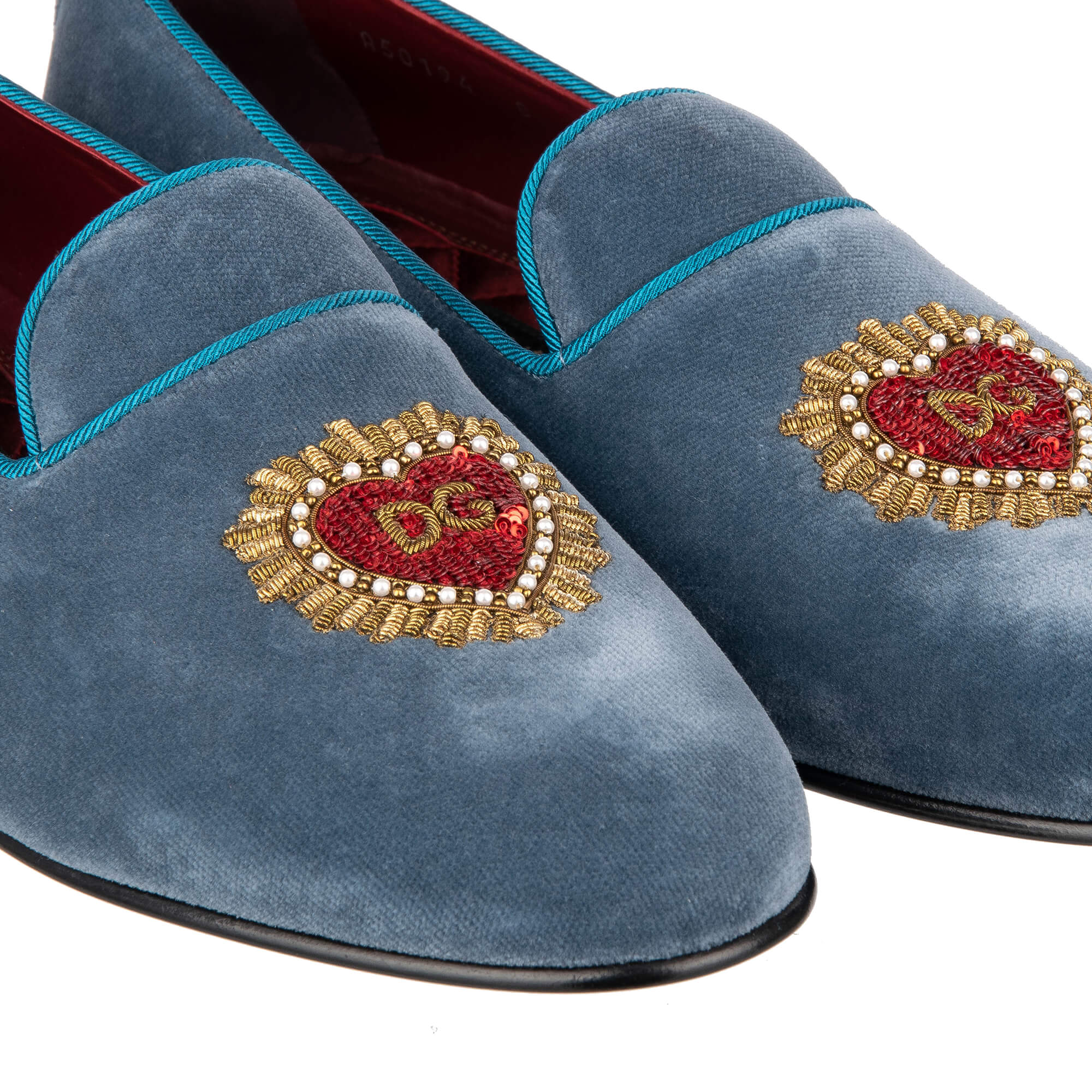 Velvet loafer shoes YOUNG POPE with sequins embroidered heart and DG logo in azure blue by DOLCE & GABBANA