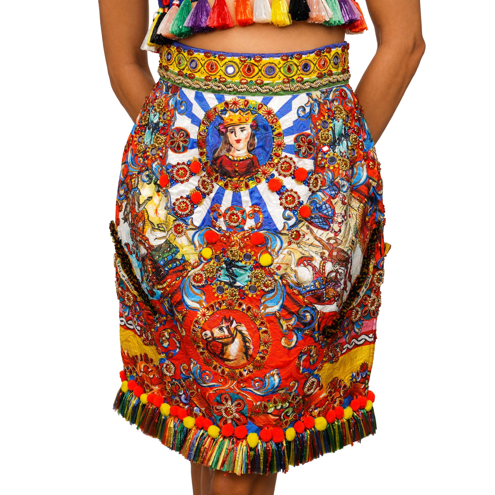Runway Crystal Carretto Raffia Jacquard Skirt Red Blue IT 40 S