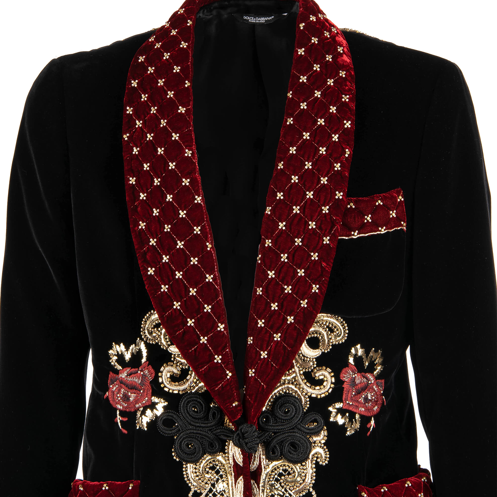 Stunning Baroque Style velvet tuxedo / blazer with handmade golden seam and pearls all-over embroidery, rope fastening studded shawl lapel and pockets by DOLCE & GABBANA