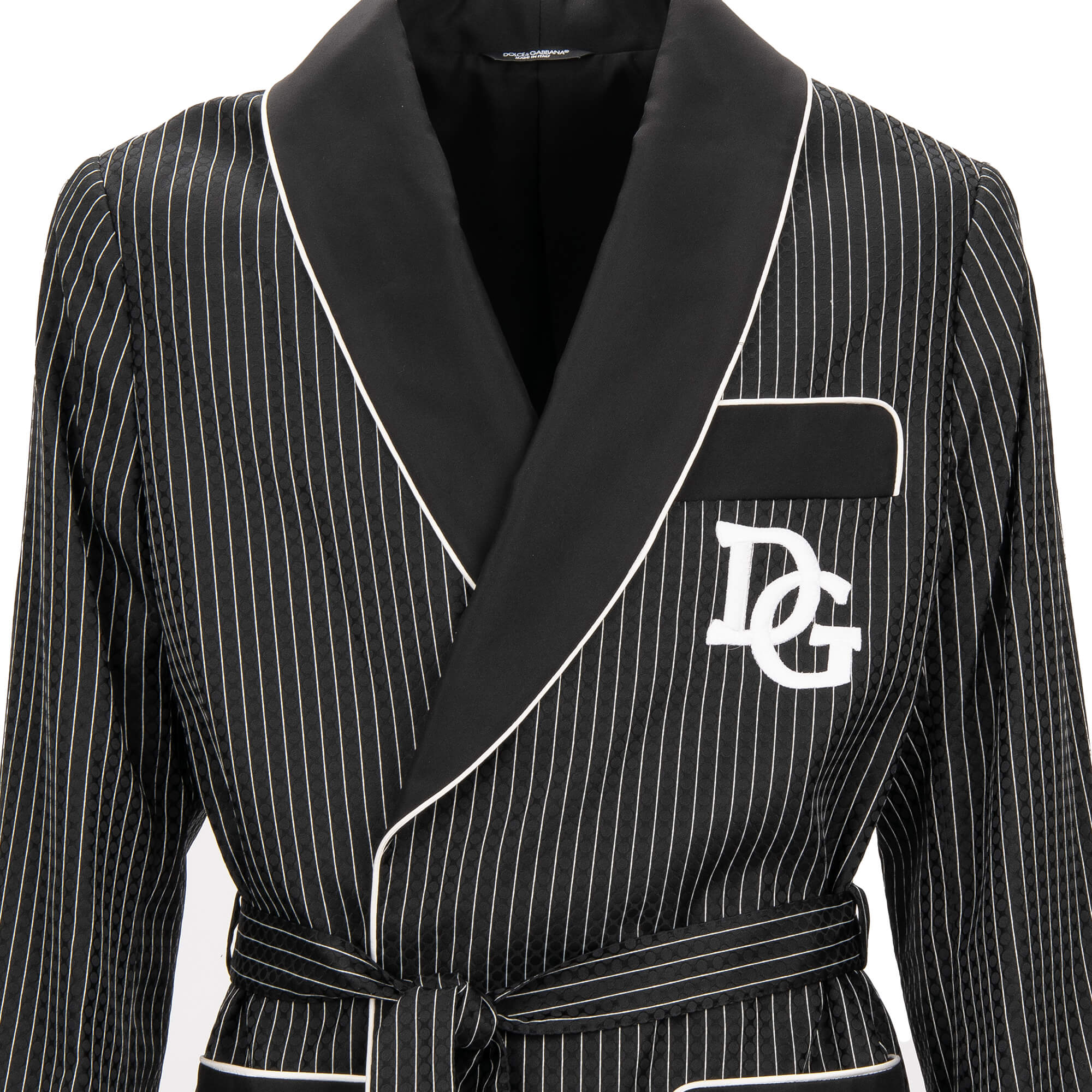 Striped silk blend jacquard Robe / Blazer with DG logo embroidery and belt fastening in white and black by DOLCE & GABBANA