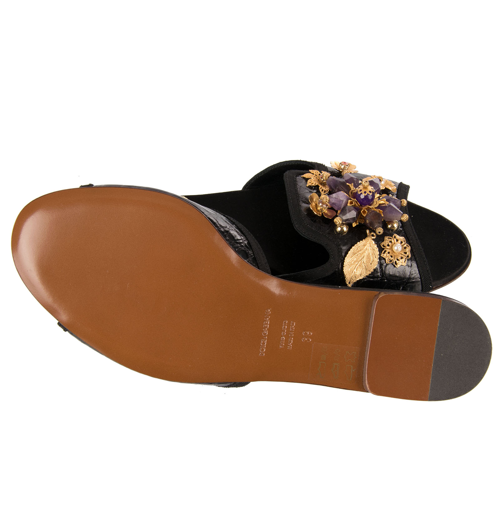 Crocodile Leather Slide Sandals BIANCA embellished with crystals and brass brooch in black by DOLCE & GABBANA