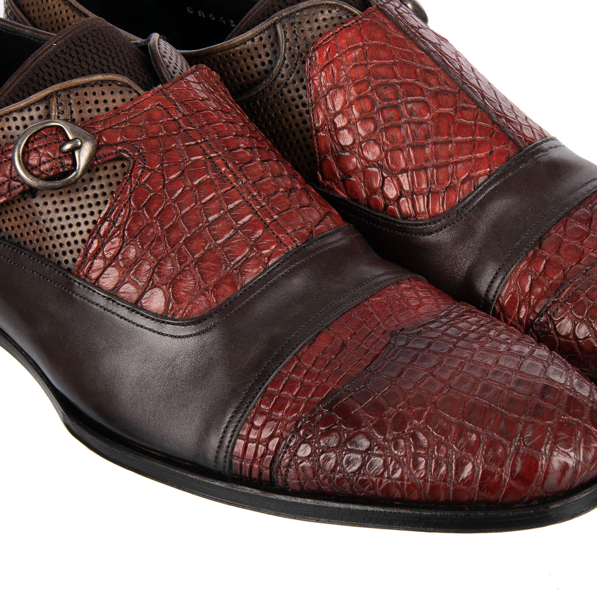 Patchwork Monkstrap Schuhe NAPOLI aus Kaiman- und Kalbsleder in Braun und Rot von DOLCE & GABBANA