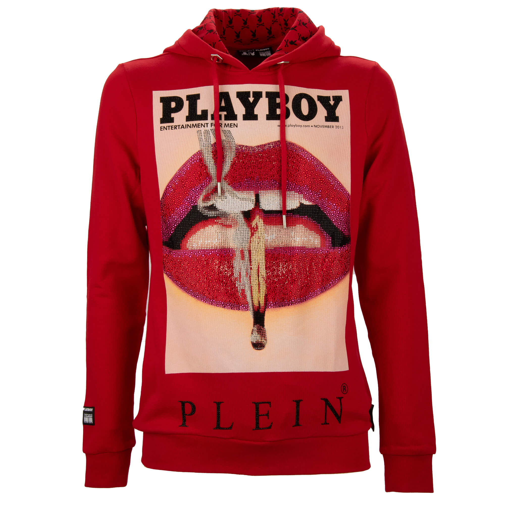 Hoodie mit Lippen und Logo Print und Kristallen Rot