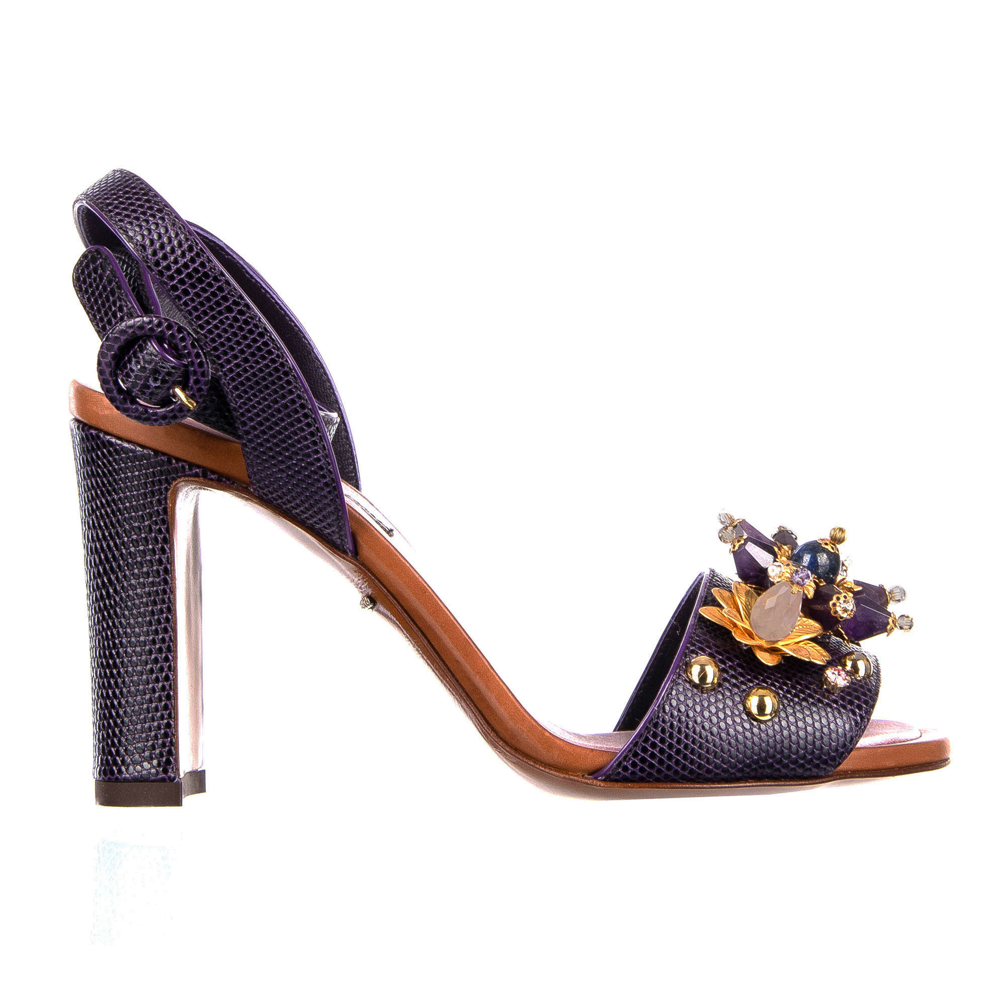 Eidechse Struktur Leder Riemen-Sandalen mit Kristall Blumen und Perlen in Lila von DOLCE & GABBANA 