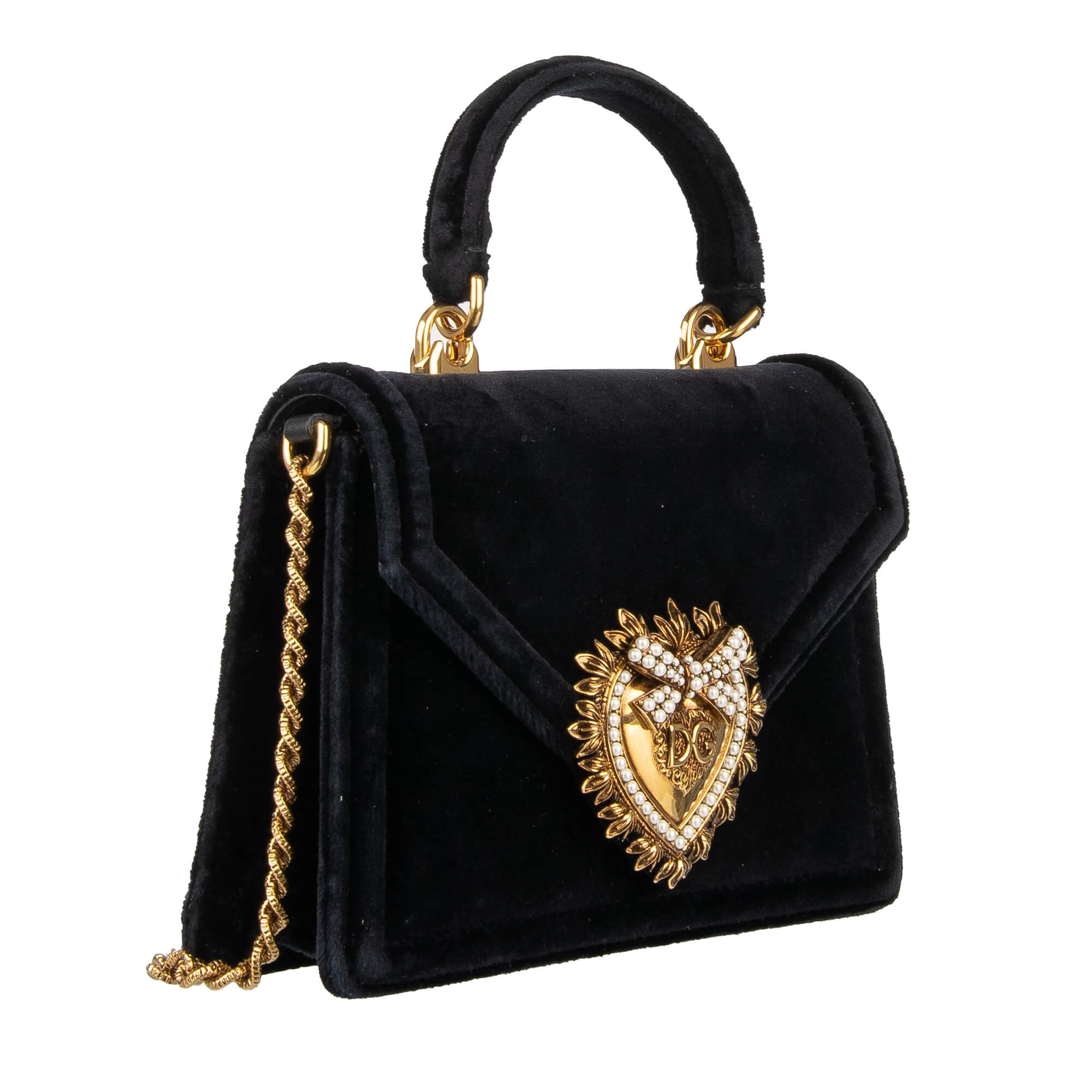Top Handle / Crossbody Velvet Bag DEVOTION with a jeweled heart buckle with DG Logo and detachable metal chain strap by DOLCE & GABBANA