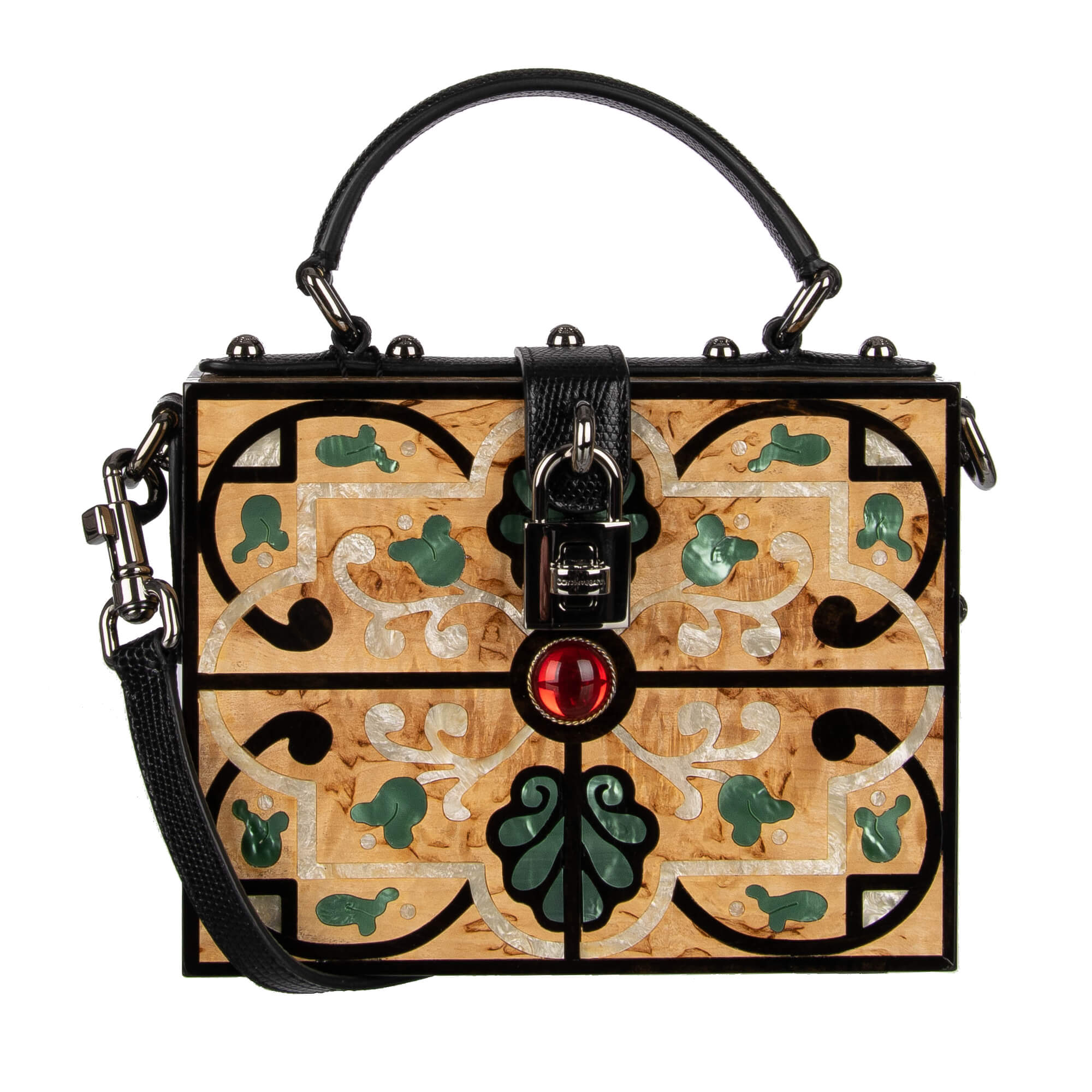 Einzigartige handgemachte und bemalte Tasche / Clutch / Schultertasche DOLCE BOX aus Holz mit dekorativem Schloss. großen Kristallen und Schulterriemen mit Eidechse Textur von DOLCE & GABBANA