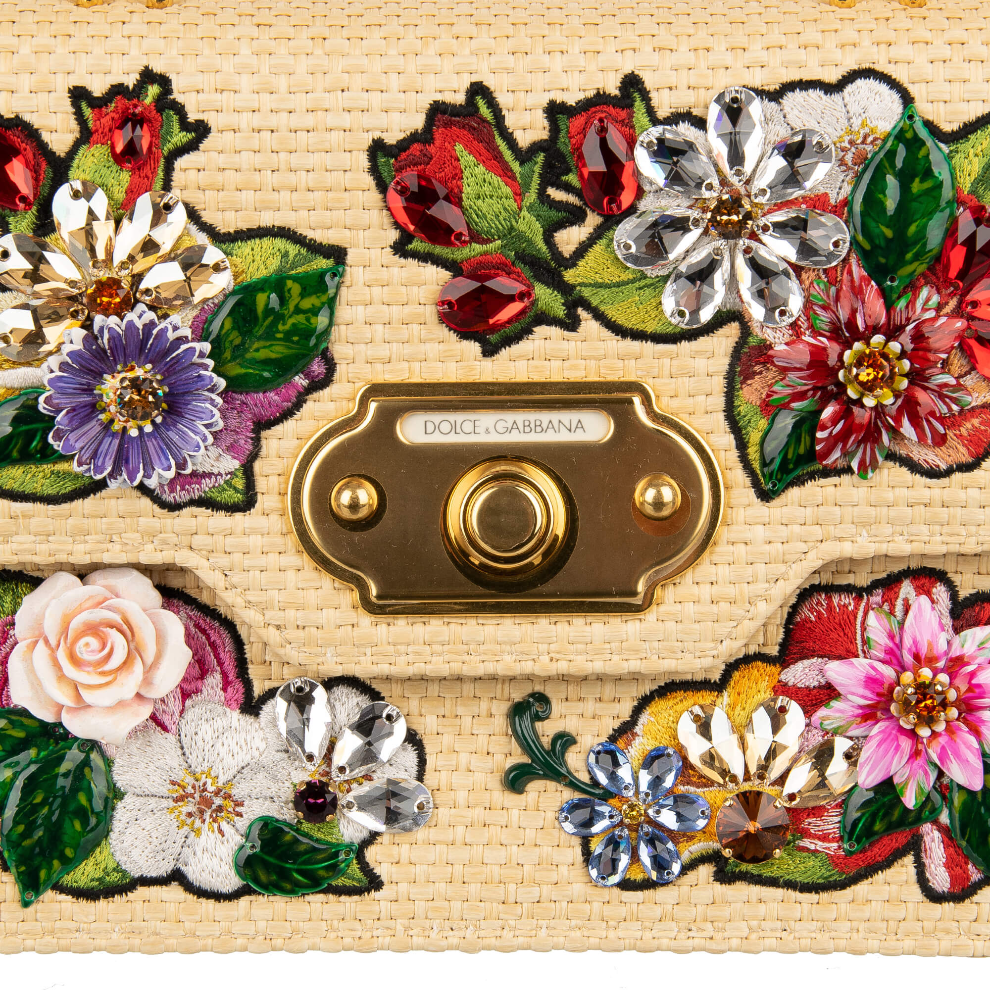 Handtasche / Schultertasche WELCOME Medium aus gewebter Raffia und Leder mit Iguana Textur mit Blumen Stickerei und Kristallen von DOLCE & GABBANA