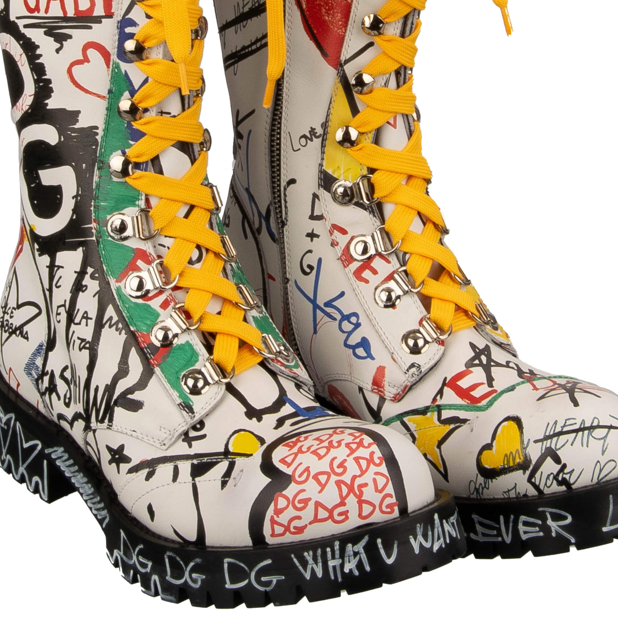 Women Leather BERNINI Boots with DG logo Graffiti print and hand-painted elements in white by DOLCE & GABBANA