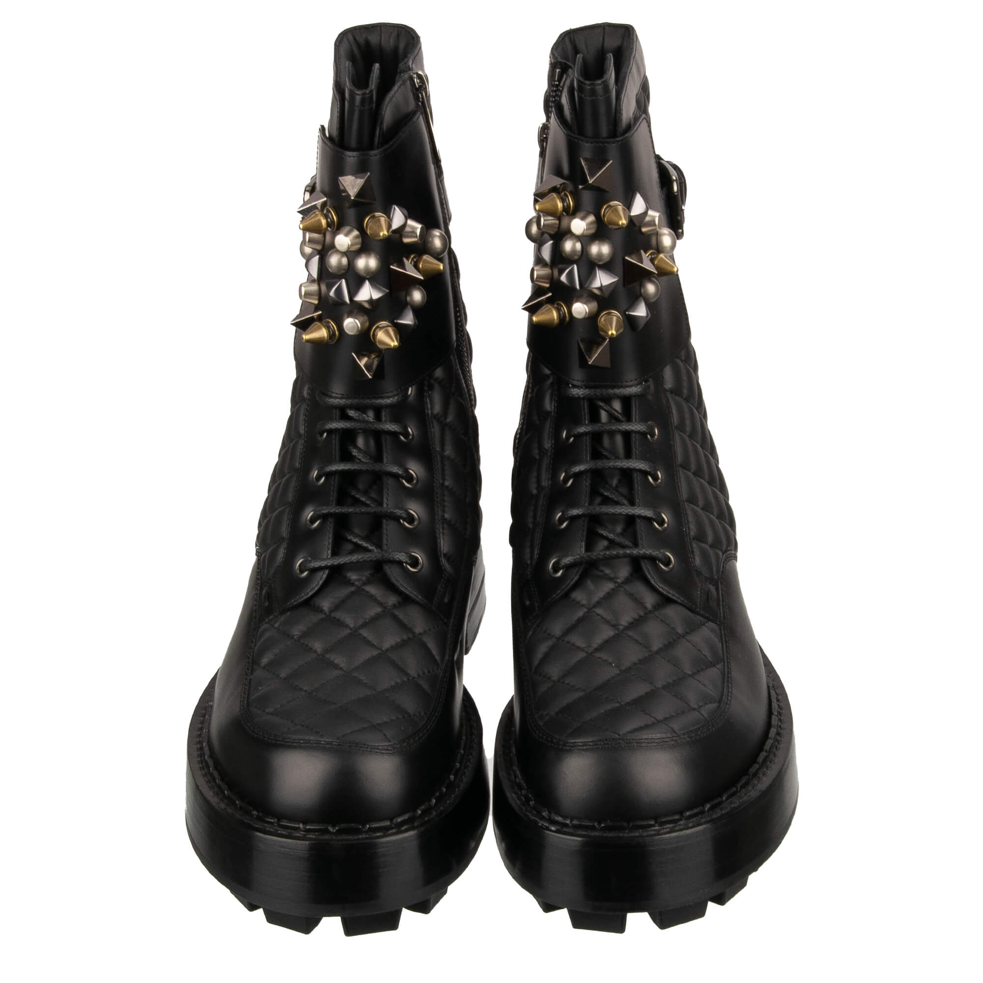 Plateau Top Track Combat / Biker Stiefel aus gestepptem Leder mit Nieten, Logo und Reißverschluss in Schwarz von DOLCE & GABBANA