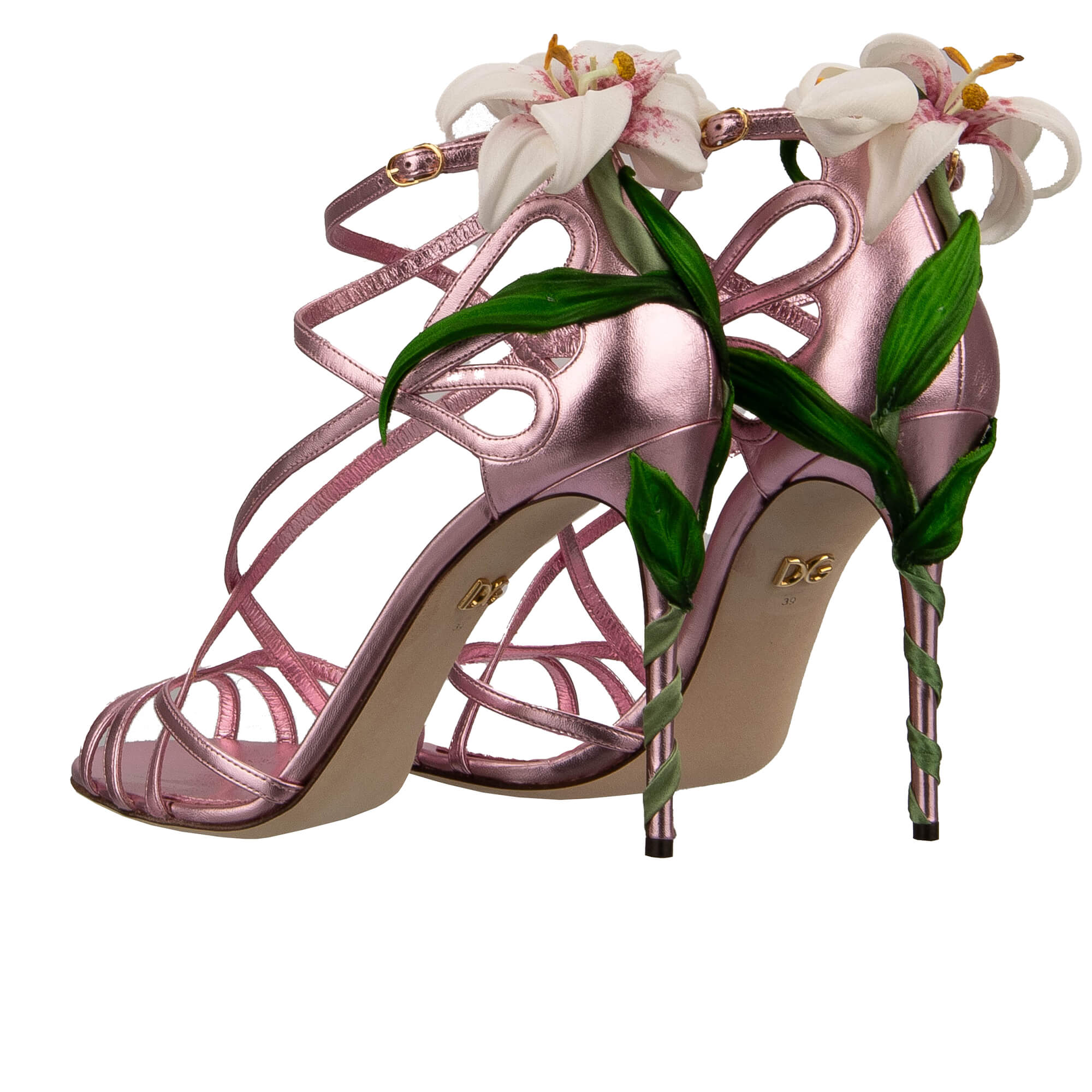 Leder Pumps Sandalen KEIRA mit Seide Lilien und Riemchen in pink von DOLCE & GABBANA