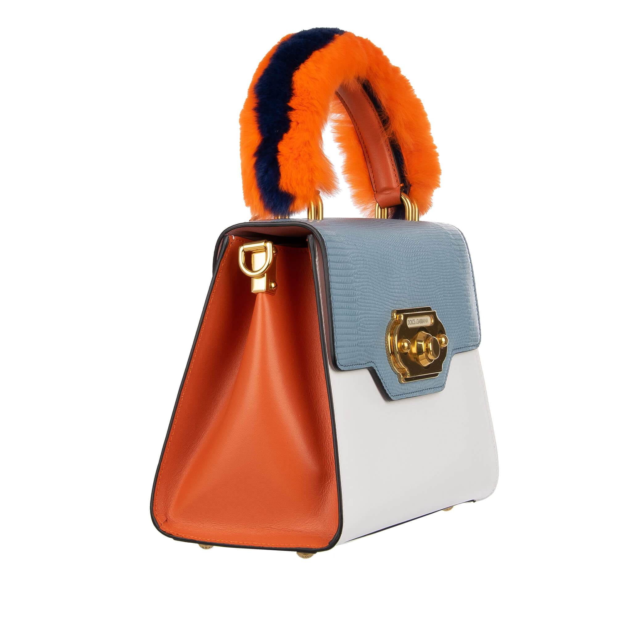 Handtasche / Schultertasche WELCOME aus Leder mit Eidechse Print, doppeltem Griff, Pelz Griff und Klingel Verschluss von DOLCE & GABBANA