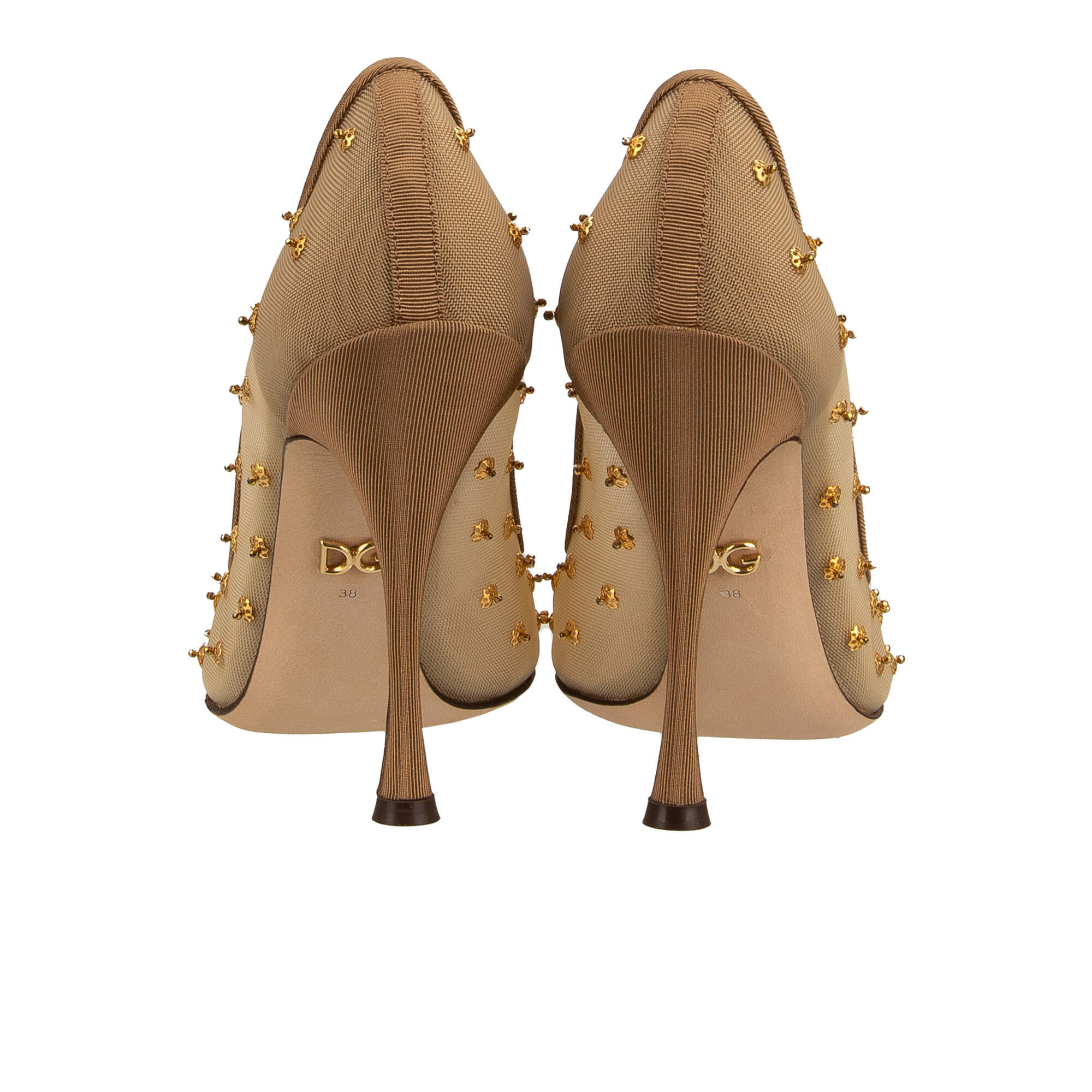 Pointed Plastic Lace Pumps LORI with scrystal and brass elements embroidery in beige, red, pink and gold by DOLCE & GABBANA