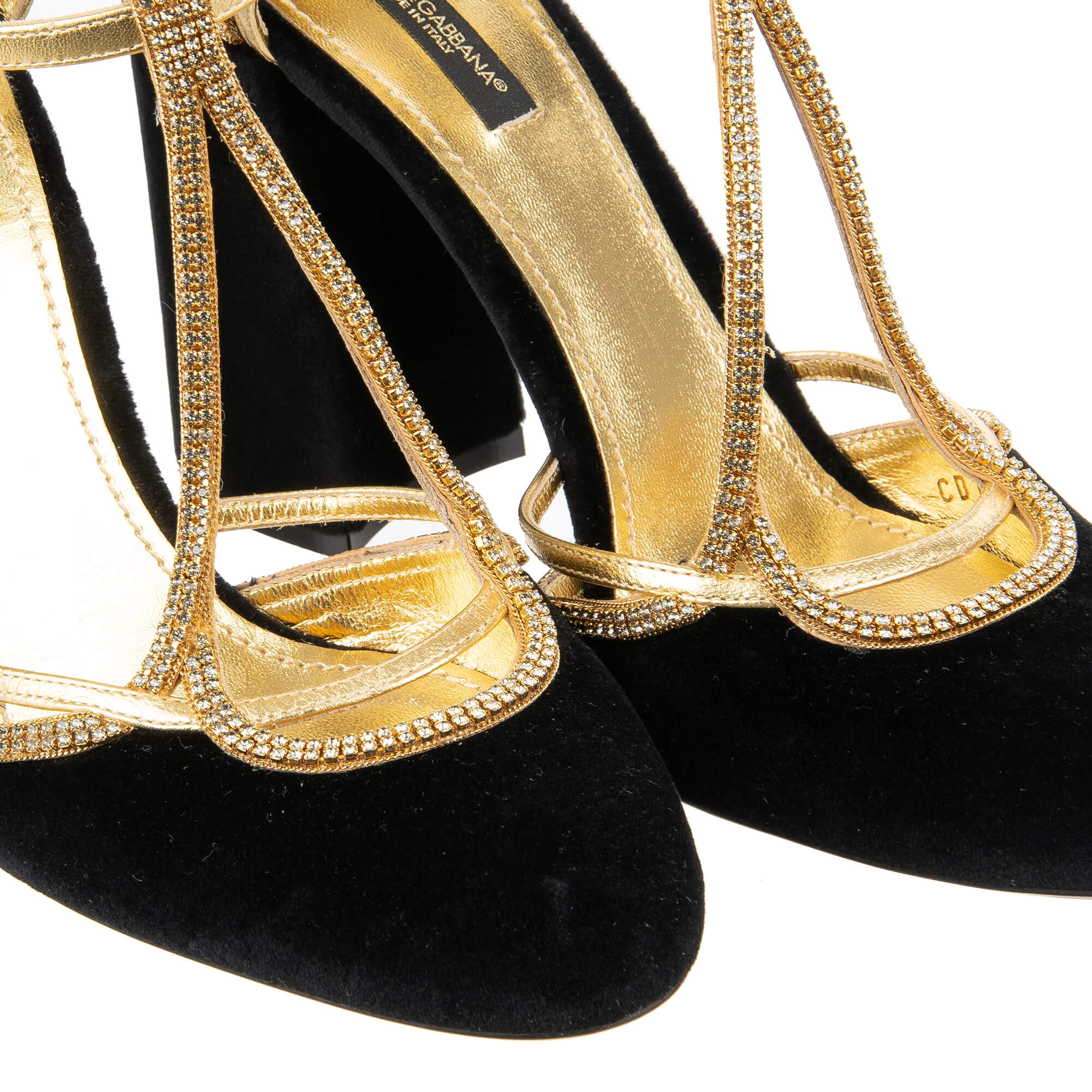 Mary Jane Pumps VALLY aus Samt in Schwarz mit elastischer Schnalle und Kristallen Riemchen aus Leder in Gold von DOLCE & GABBANA