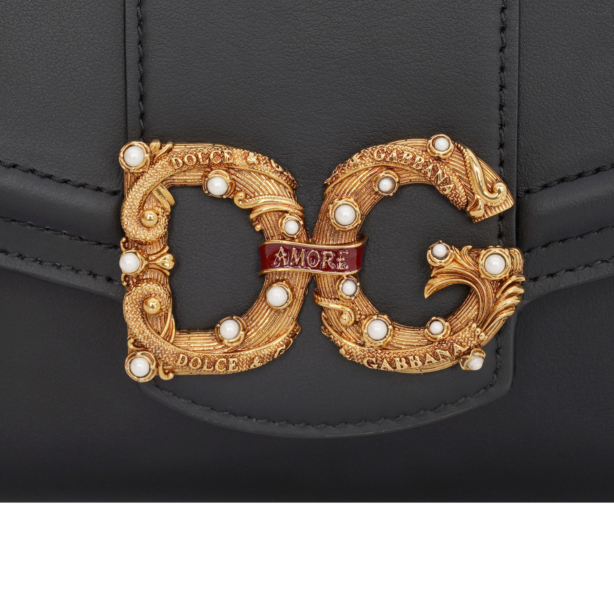 Crossbody Bag / Clutch / Wallet DG AMORE made of calf leather with DG vintage brass fastening embellished with pearls and enameled scroll and with structured metal chain strap by DOLCE & GABBANA