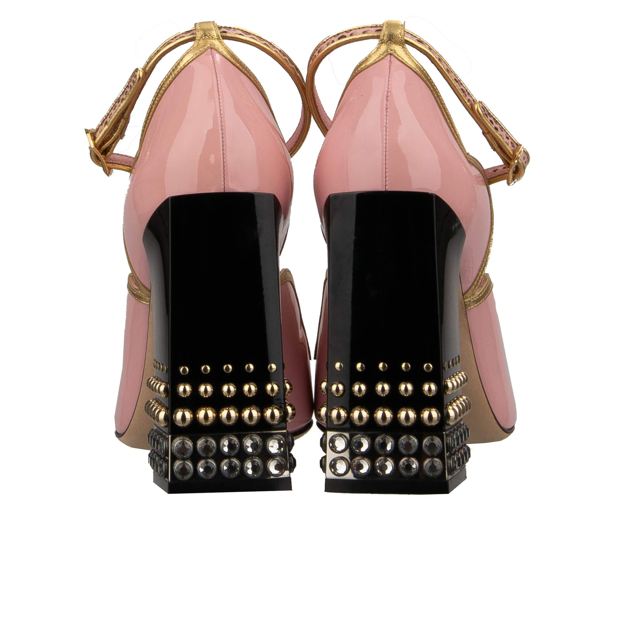 Patent Leather High Heel Sandals BETTE with crystal, pearl embellished heel and snake strap closure by DOLCE & GABBANA