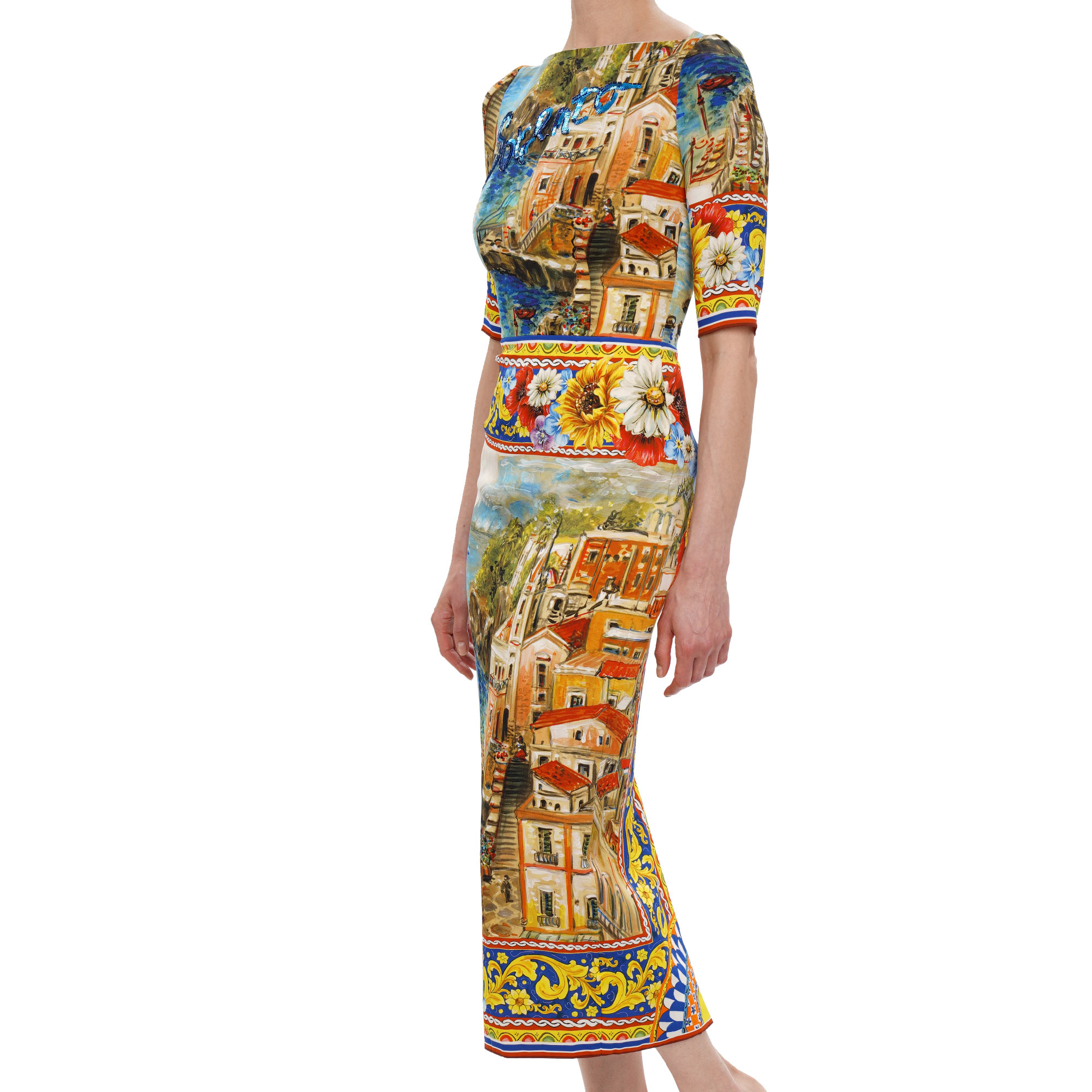 Sorrento Carretto Print Kleid aus Seide mit Pailletten Stickerei in Rot, Blau und Gelb von DOLCE & GABBANA 