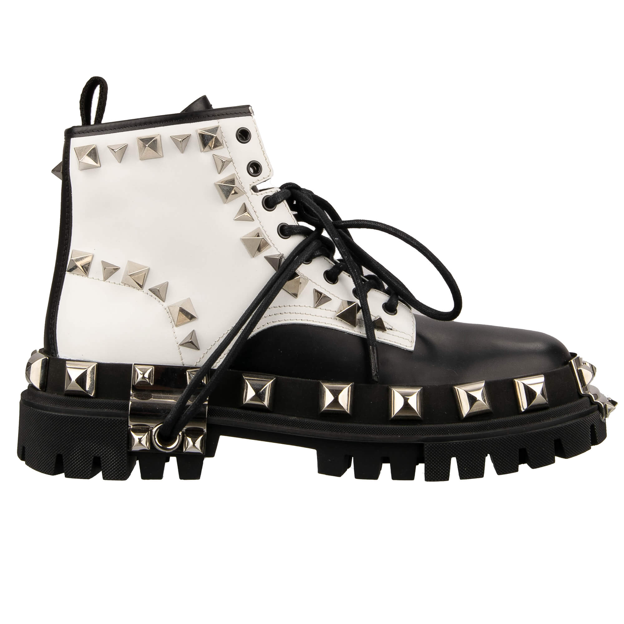 Leder Combat Biker Plateau Stiefel mit Nieten Schwarz Weiß 44 US 11