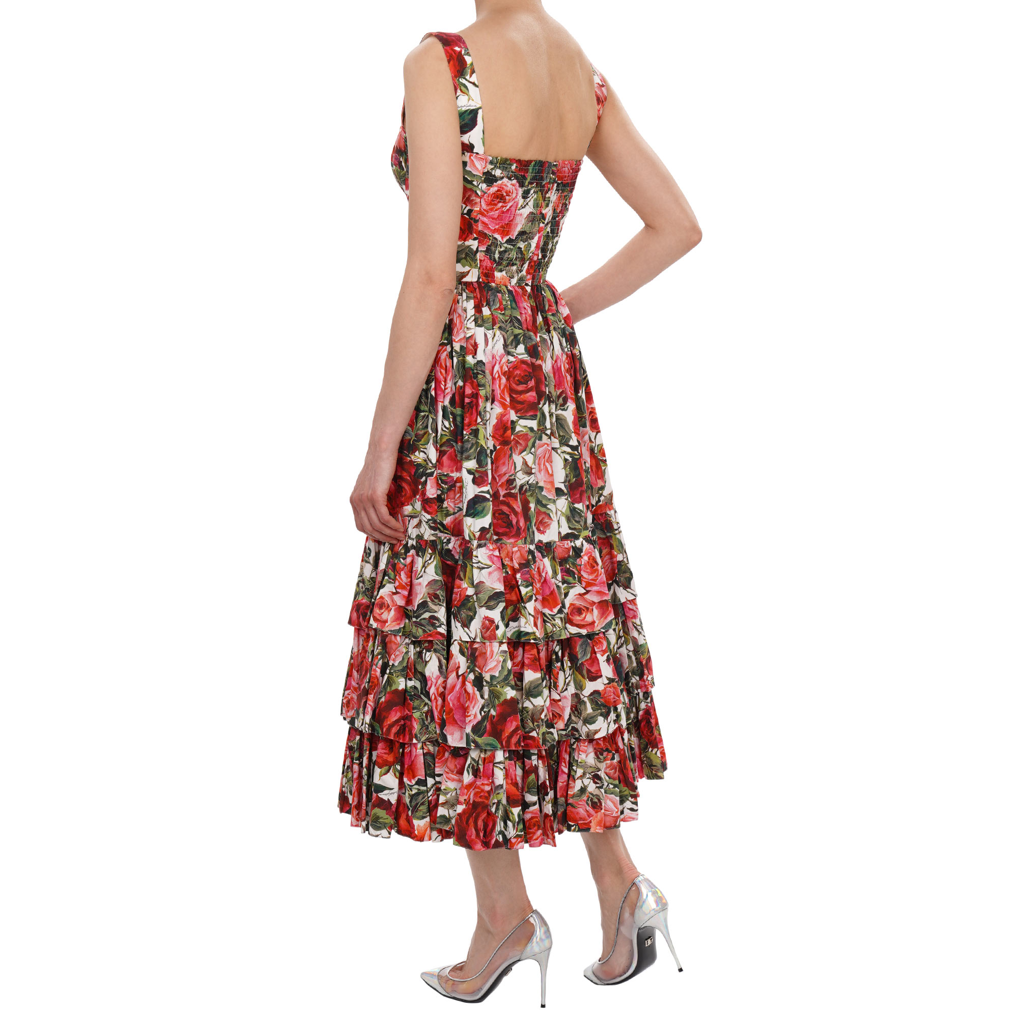 Langes Korsett Kleid aus Baumwolle mit Rosen Blumen Print in Weiß, Pink und Rot von DOLCE & GABBANA