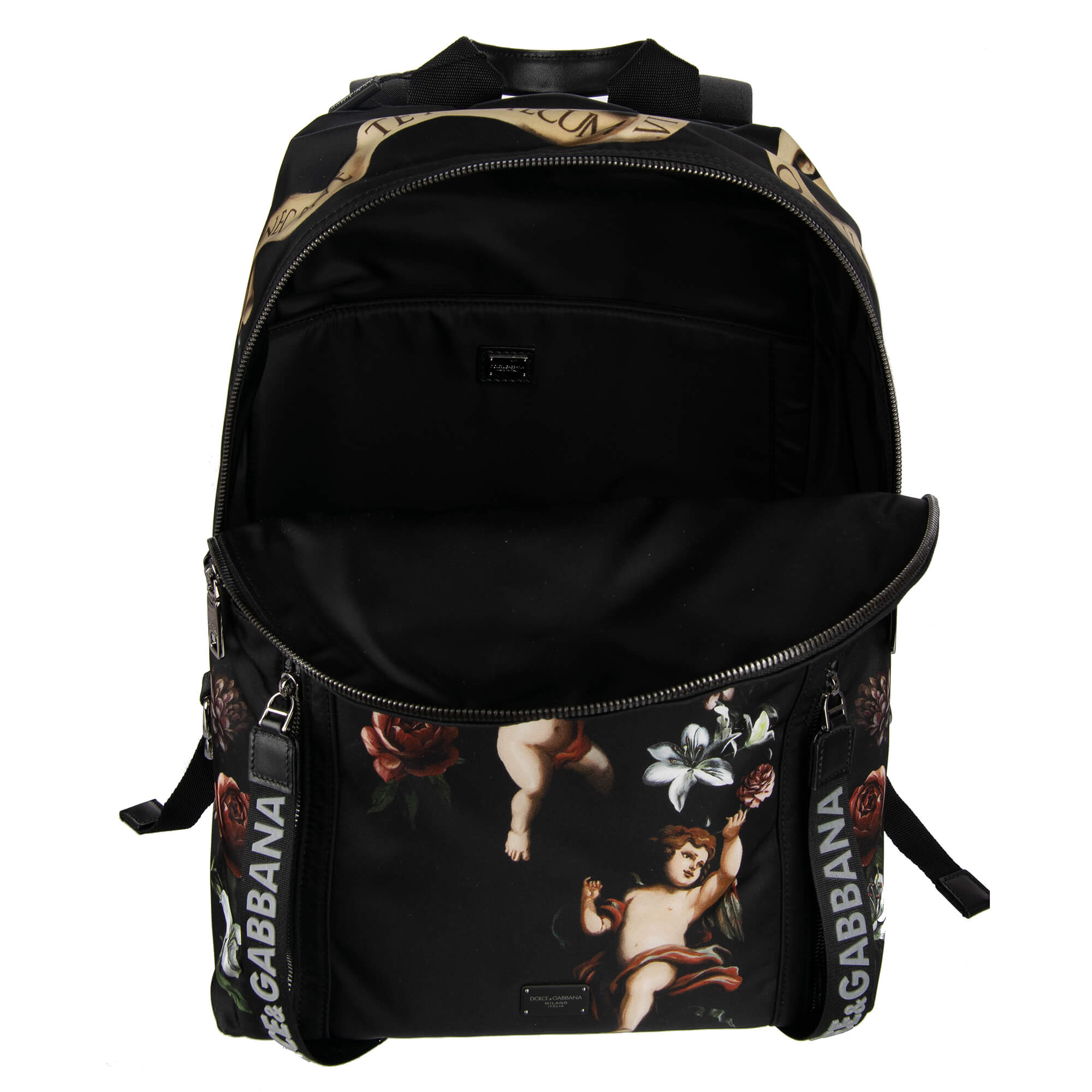 Rucksack "L'Amore e Bellezza" aus Nylon mit Herz, Engeln und Krone Applikationen, Außenfach und Logo Schild von DOLCE & GABBANA