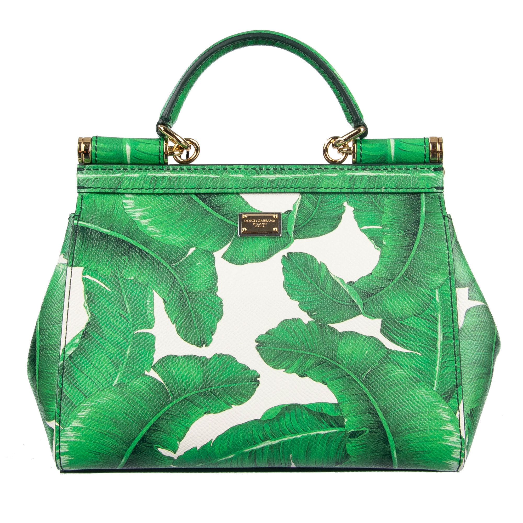 Hand- / Schultertasche SICILY Mini aus Dauphine Leder mit Bananenblätter / Palmen Print und Logo Schild von DOLCE & GABBANA