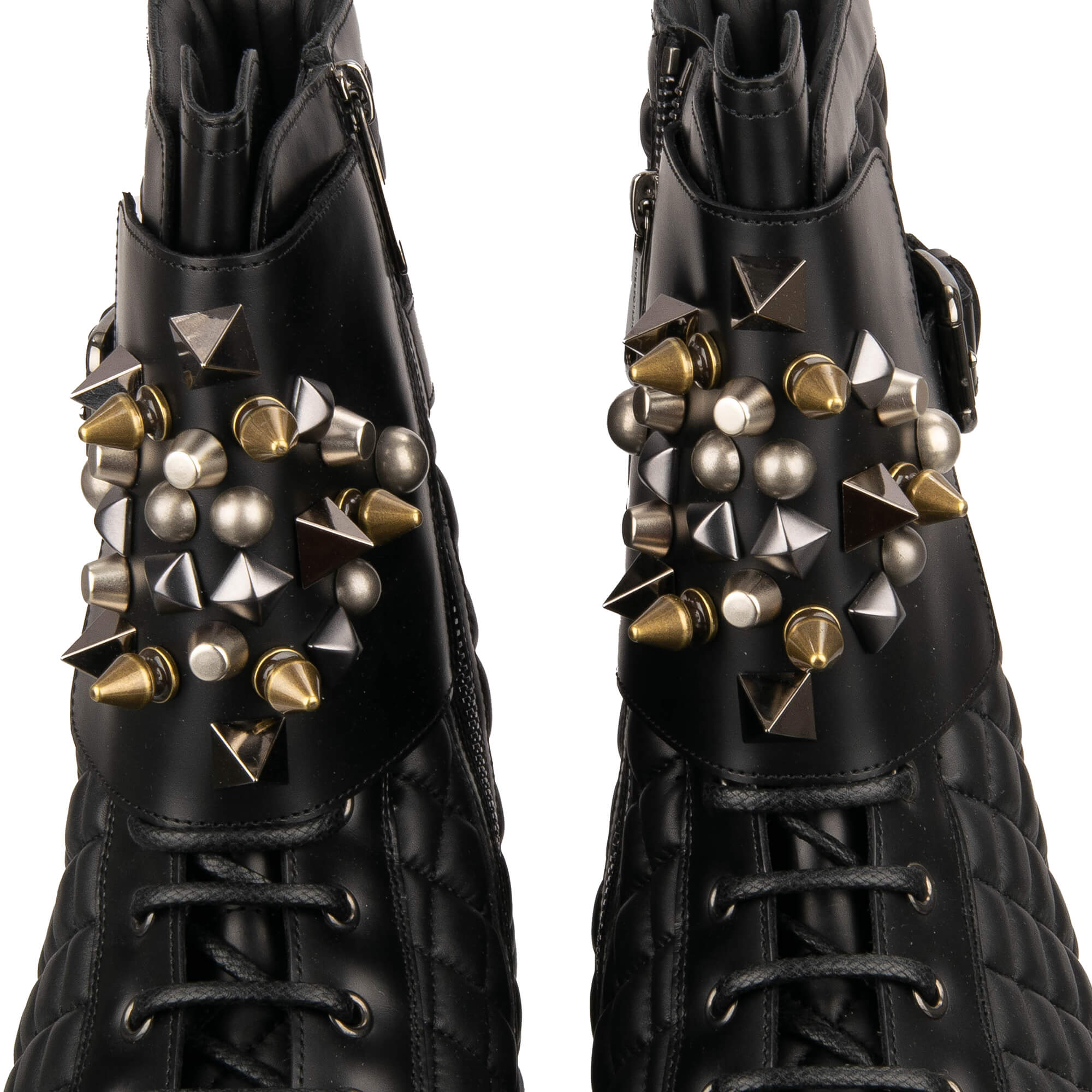 Plateau Top Track Combat / Biker Stiefel aus gestepptem Leder mit Nieten, Logo und Reißverschluss in Schwarz von DOLCE & GABBANA