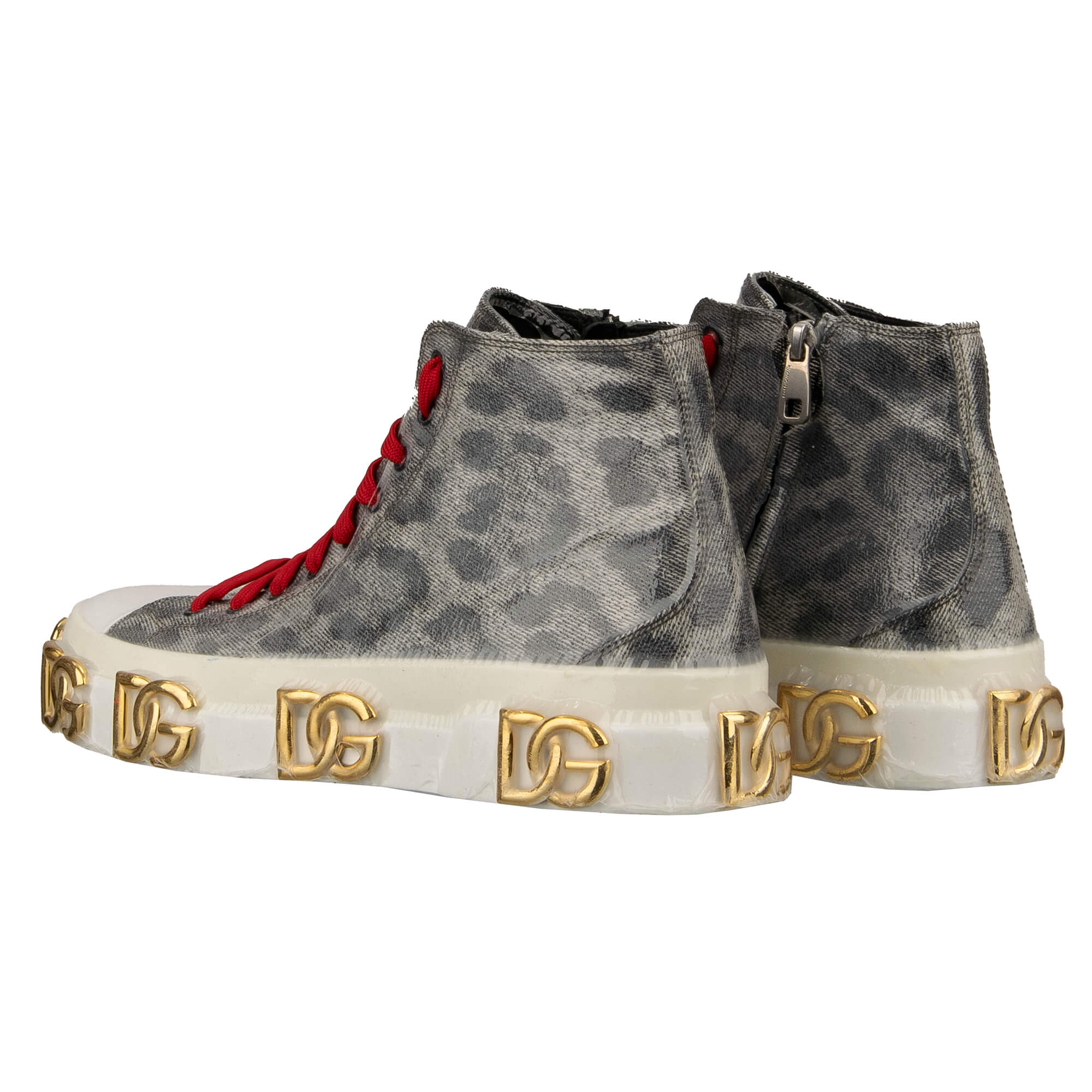 High Top Leopard Stoff und Leder Sneaker PORTOFINO mit DG Gold Logo und Plastik Folie Design in Grau und Weiß von DOLCE & GABBANA