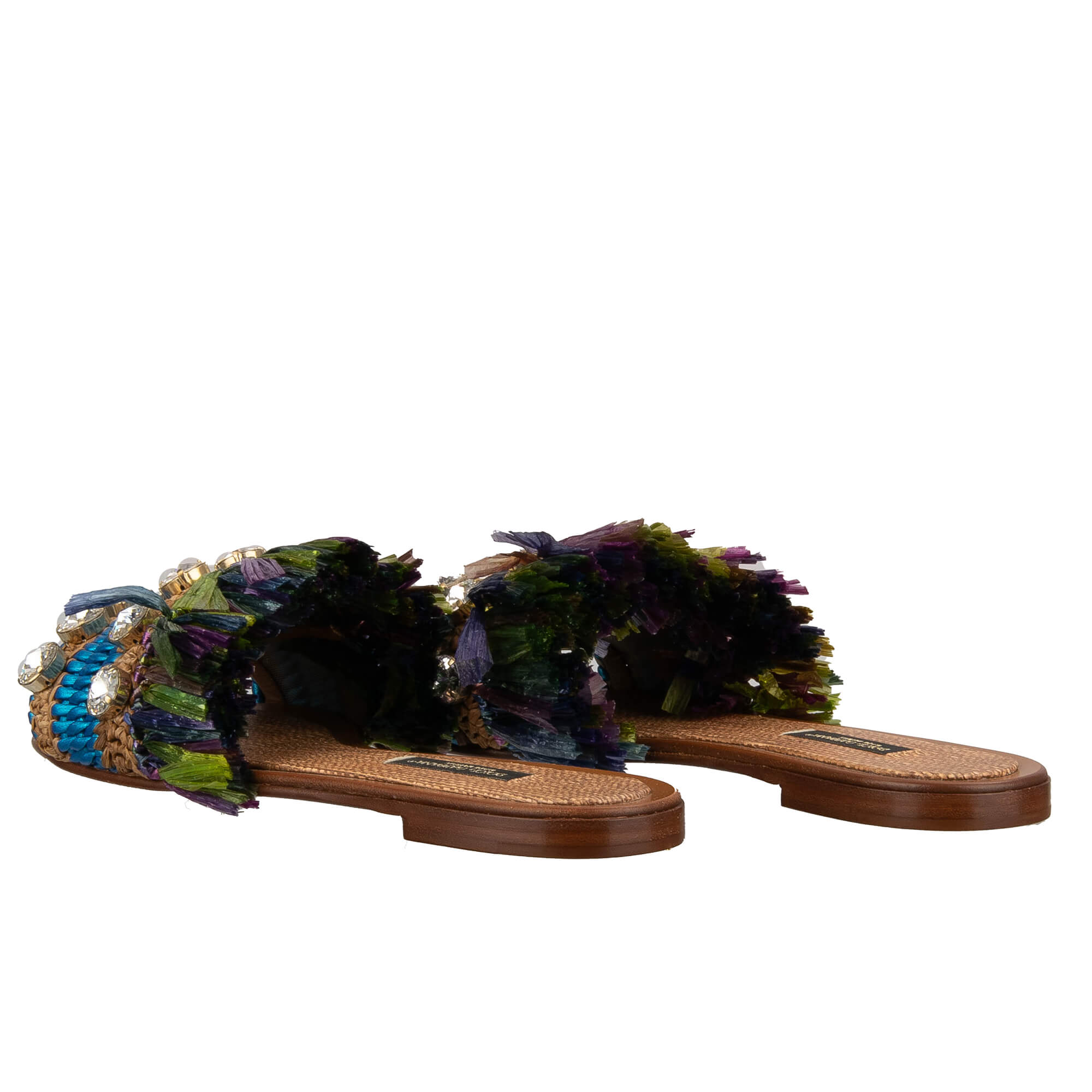 Slide Sandalen aus Raffia und Leder mit Kristallen von DOLCE & GABBANA