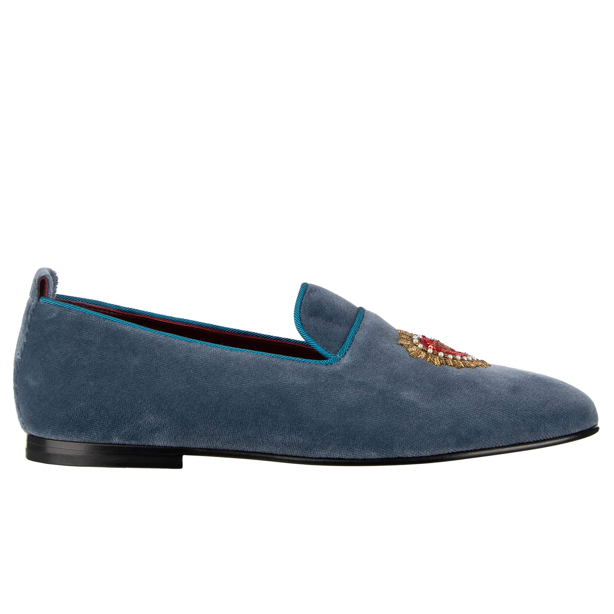Velvet loafer shoes YOUNG POPE with sequins embroidered heart and DG logo in azure blue by DOLCE & GABBANA