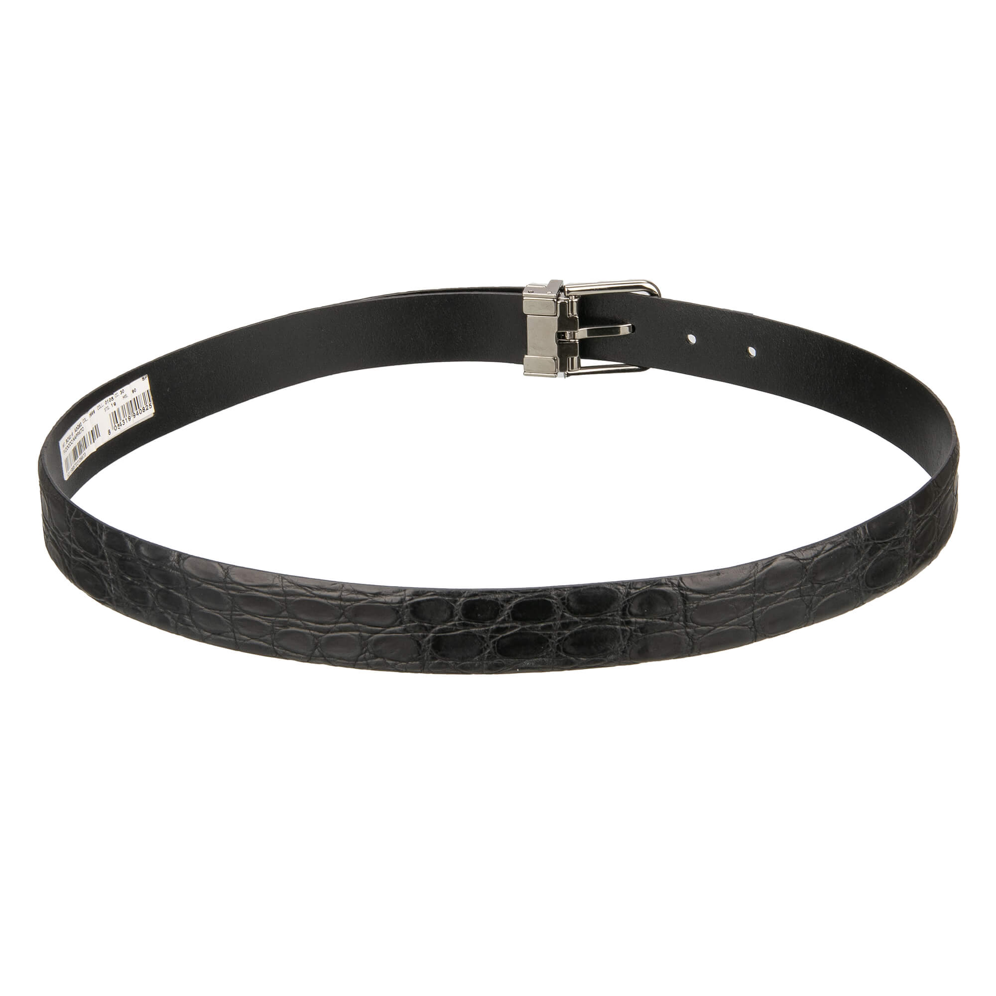 Classic crocodile leather belt with silver metal buckle in black by DOLCE & GABBANA