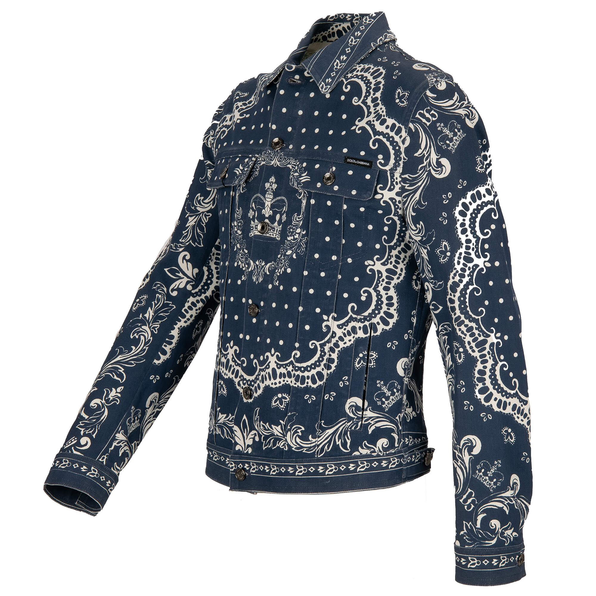 Bandana and crown printed denim / jeans jacket with pockets and logo plate by DOLCE & GABBANA
