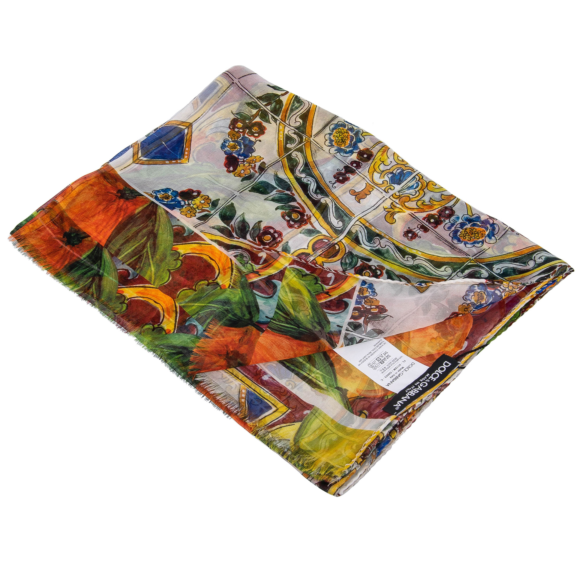 Majolika, Orangen und Zitronen bedrucktes Foulard / Schal aus Seide mit Fransen von DOLCE & GABBANA Black Label