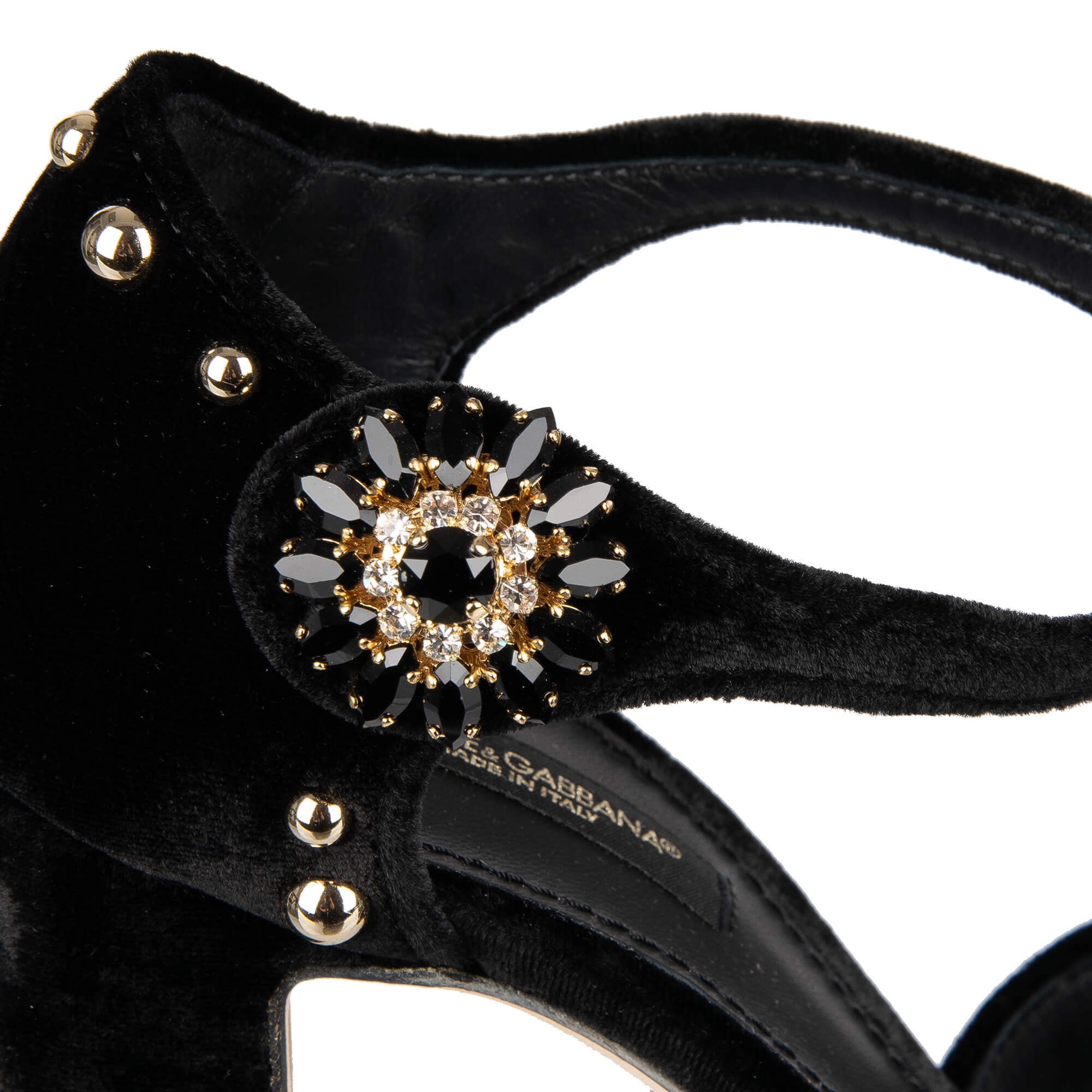 Elastic Velvet Mary Jane Pumps VALLY embellished with crystals, studs, large rose and crystals brooch by DOLCE & GABBANA