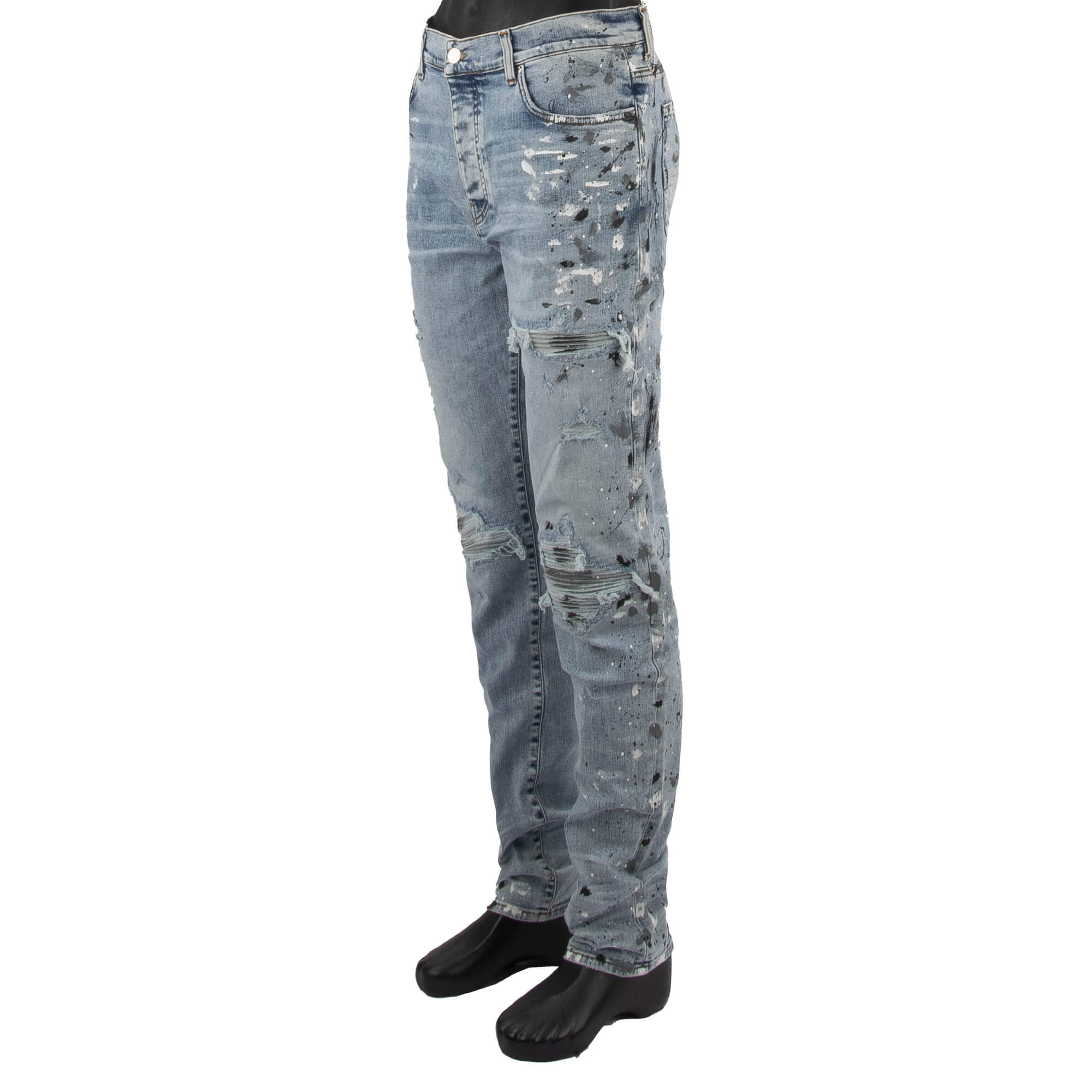 5-pockets Skinny Distressed Stretch Painter MX1 Jeans in Vintage Blue with unique color splashes and elastic inserts by AMIRI